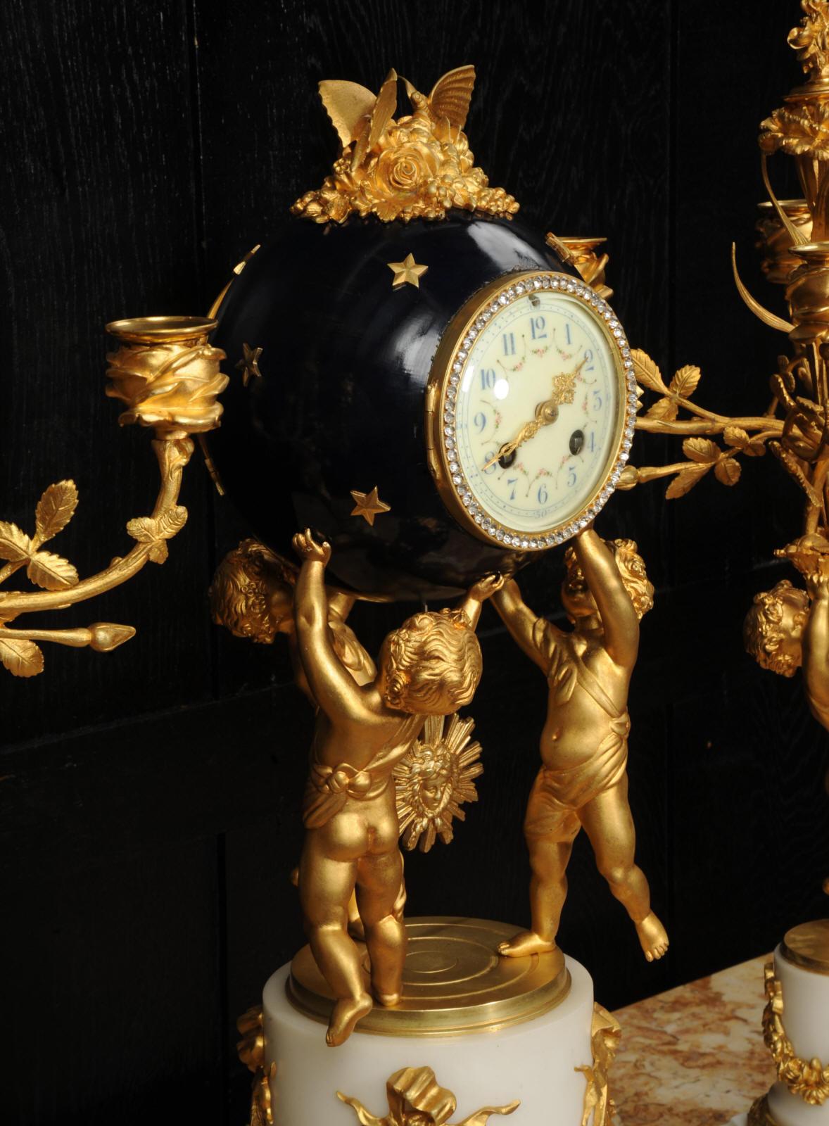 Fine Ormolu and Marble Cherub Clock Set by H Luppens Paris For Sale 6