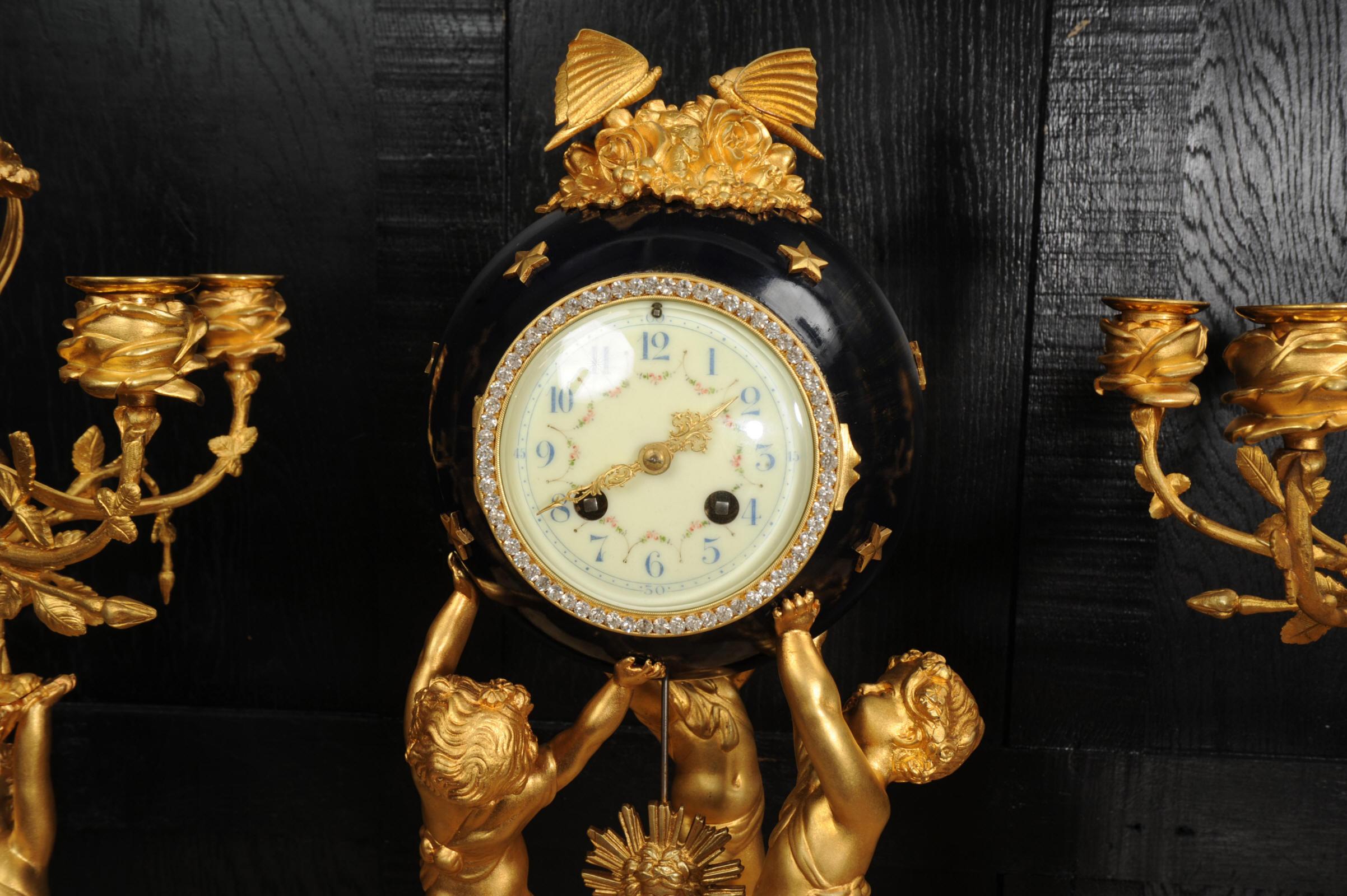 Fine Ormolu and Marble Cherub Clock Set by H Luppens Paris For Sale 8