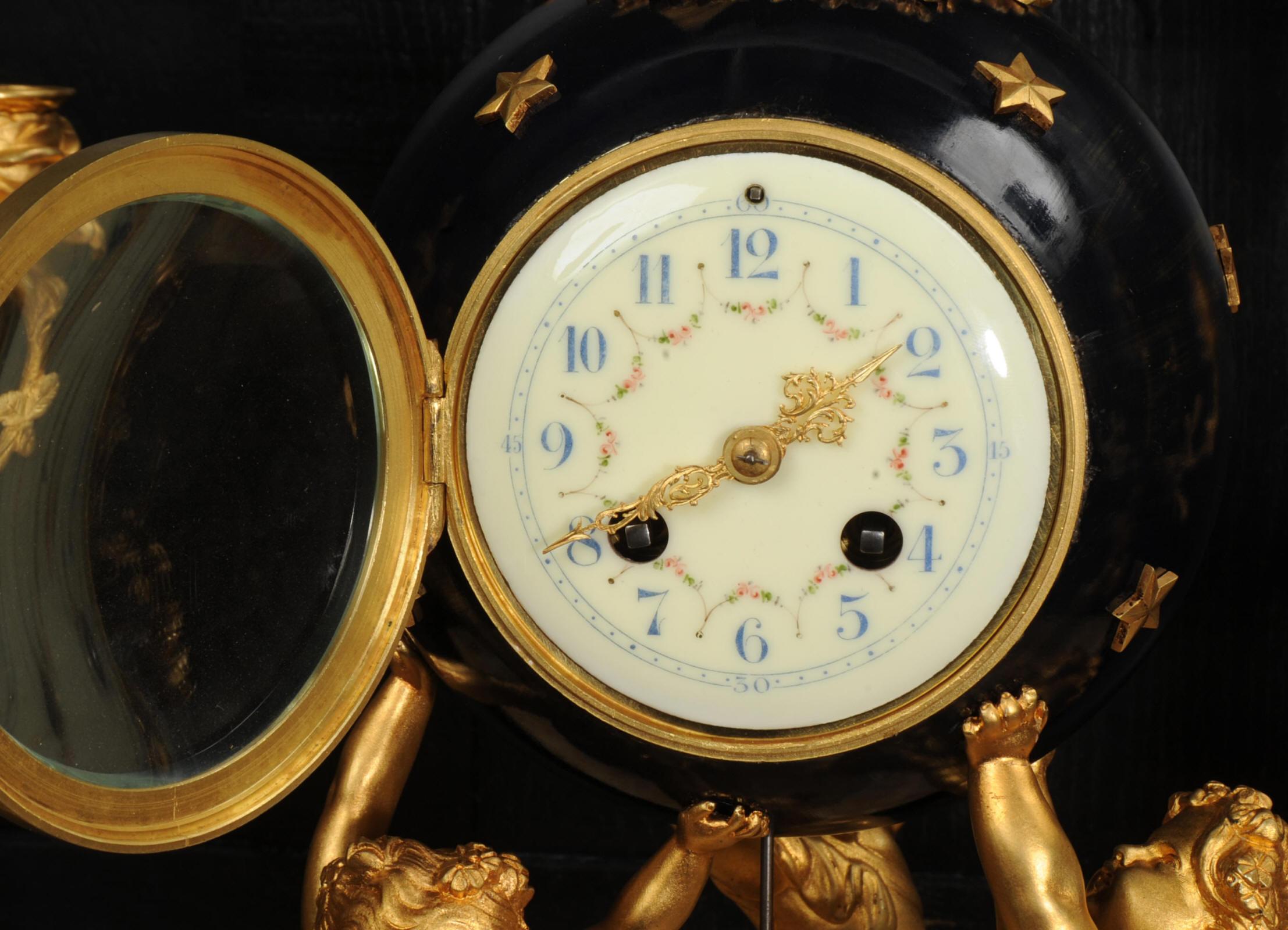 Fine Ormolu and Marble Cherub Clock Set by H Luppens Paris For Sale 9