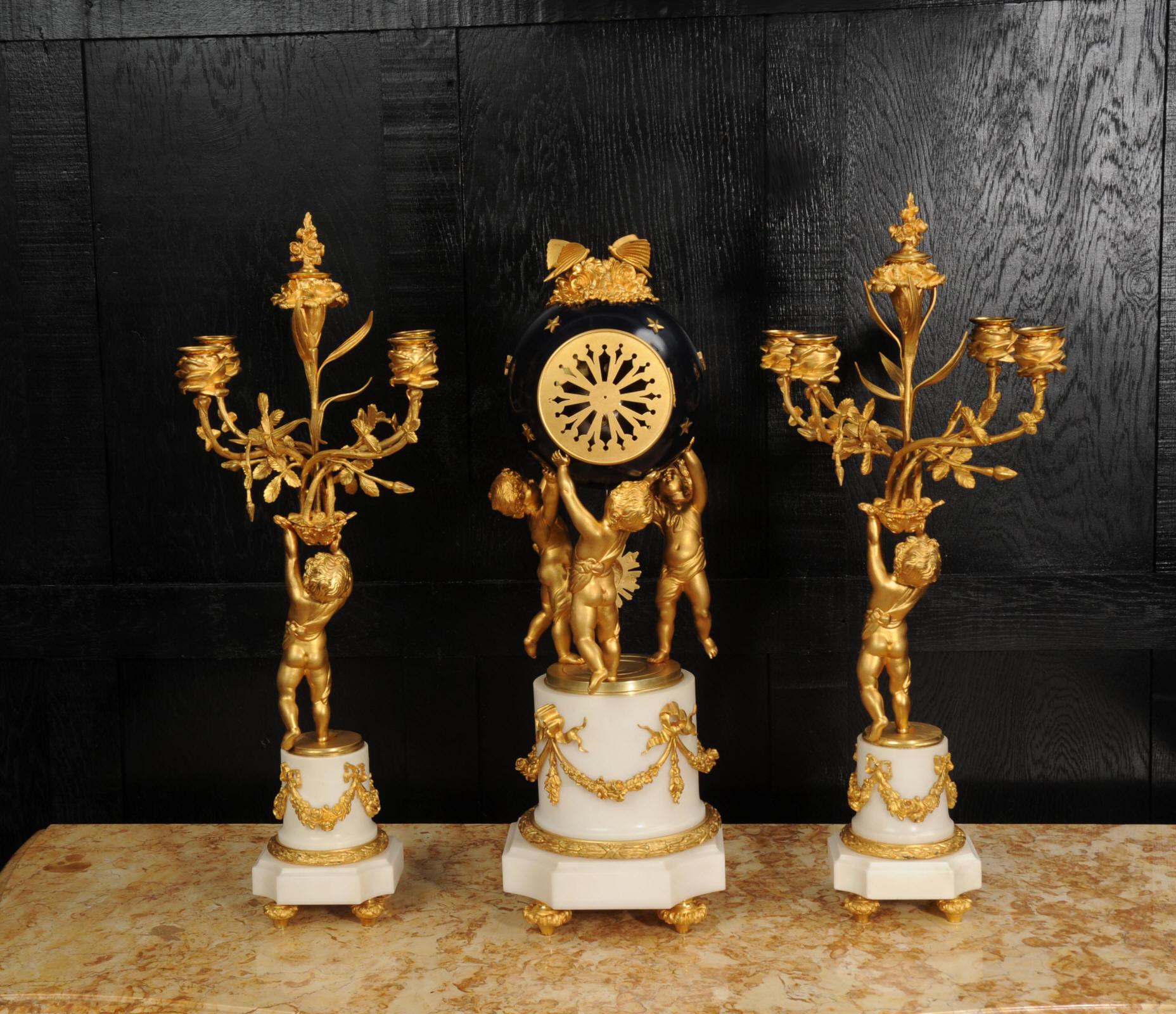 Fine Ormolu and Marble Cherub Clock Set by H Luppens Paris For Sale 11