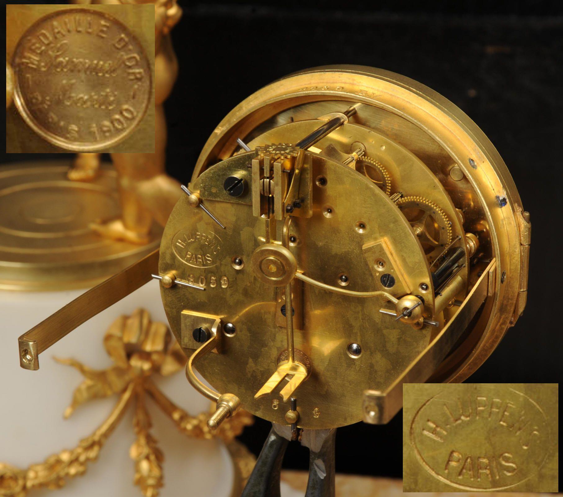 Fine Ormolu and Marble Cherub Clock Set by H Luppens Paris For Sale 13