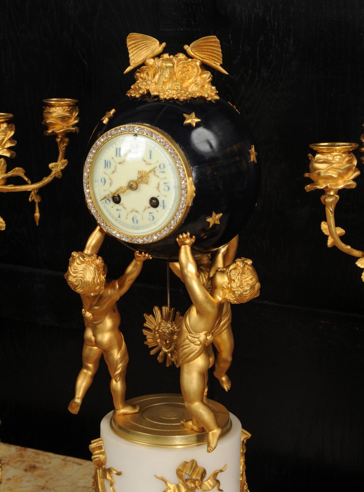 Louis XVI Fine Ormolu and Marble Cherub Clock Set by H Luppens Paris For Sale
