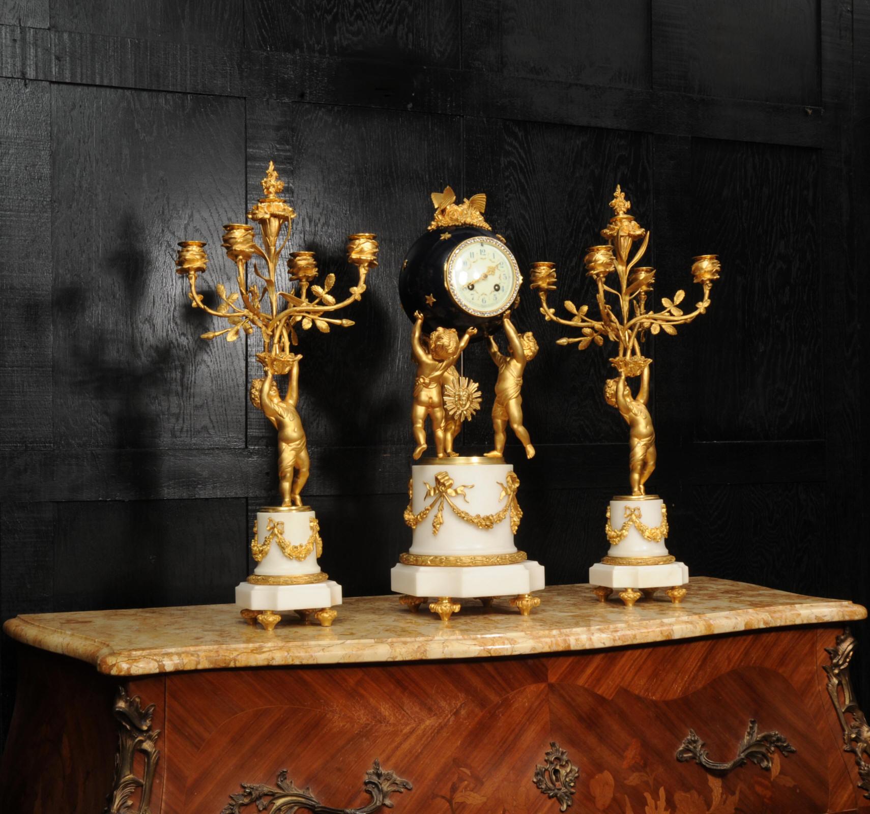 French Fine Ormolu and Marble Cherub Clock Set by H Luppens Paris For Sale