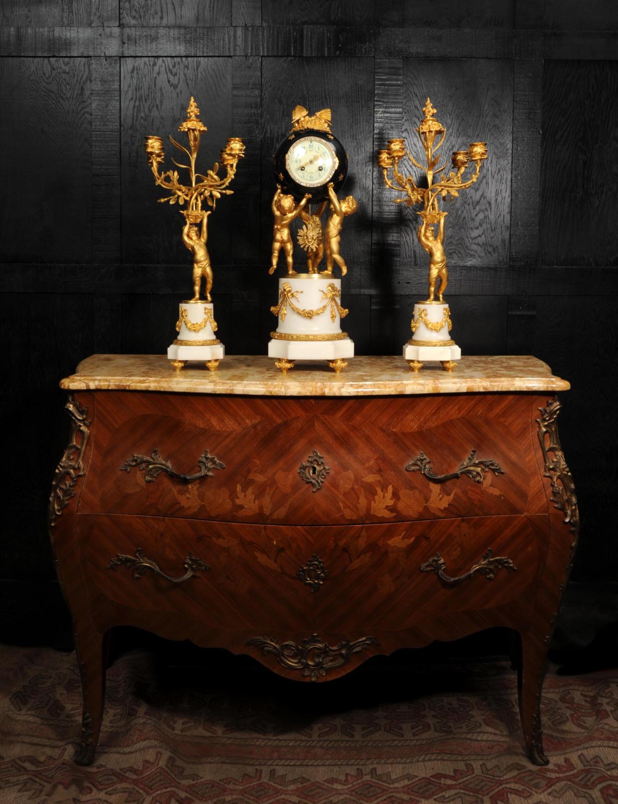 19th Century Fine Ormolu and Marble Cherub Clock Set by H Luppens Paris For Sale