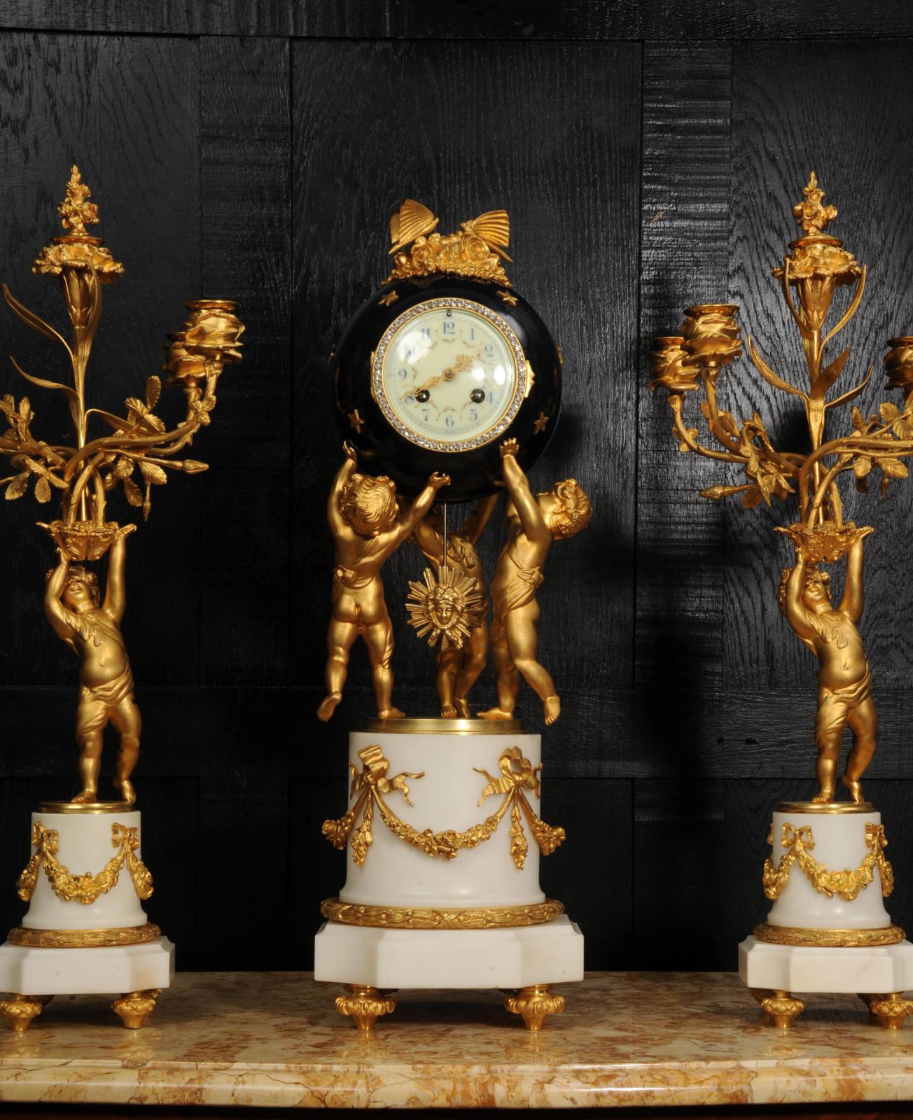 Fine Ormolu and Marble Cherub Clock Set by H Luppens Paris For Sale 1
