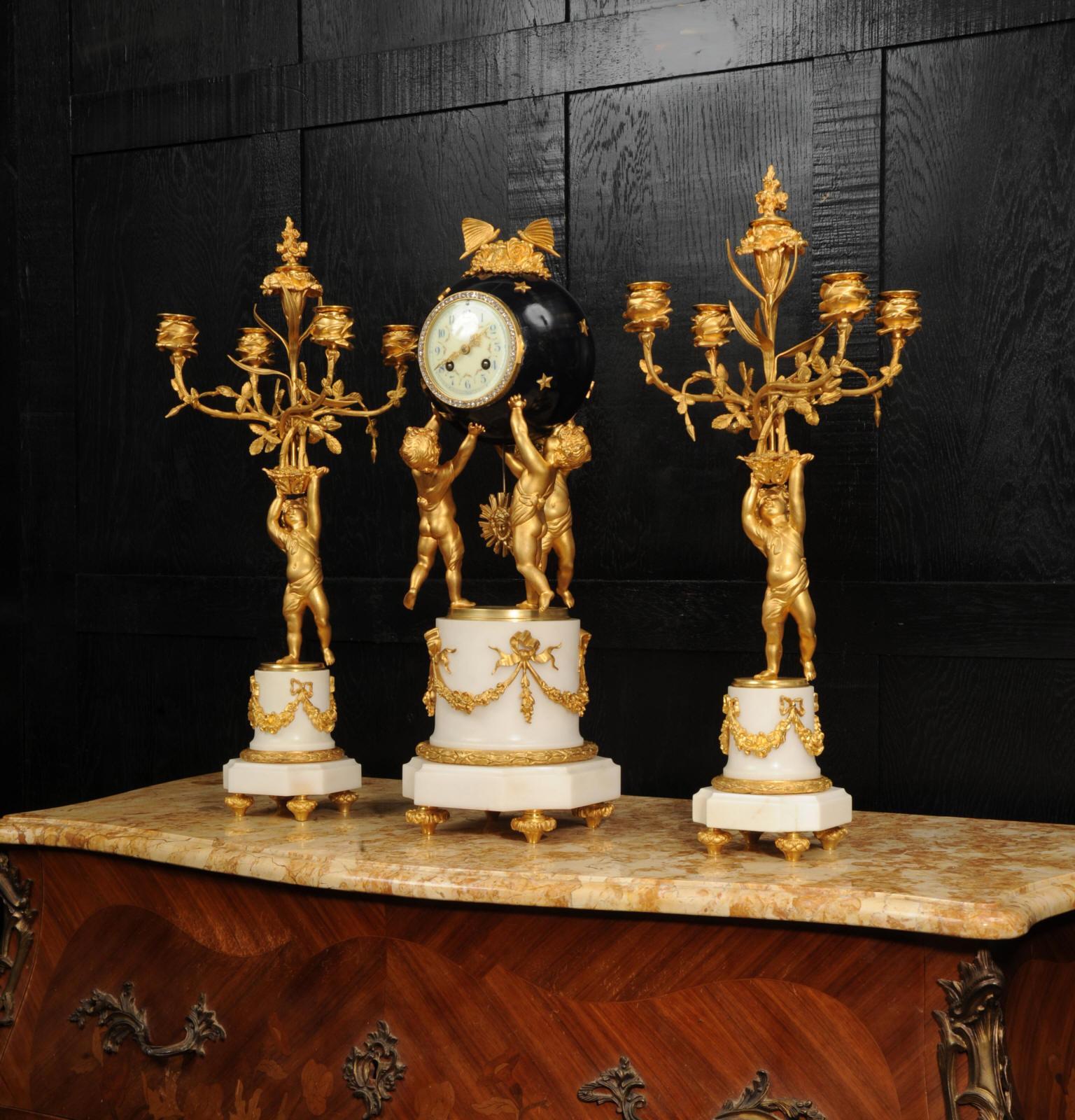 Fine Ormolu and Marble Cherub Clock Set by H Luppens Paris For Sale 2