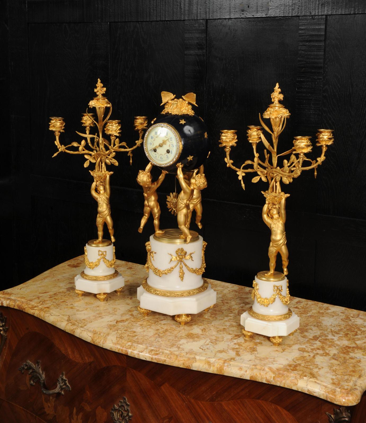Fine Ormolu and Marble Cherub Clock Set by H Luppens Paris For Sale 3