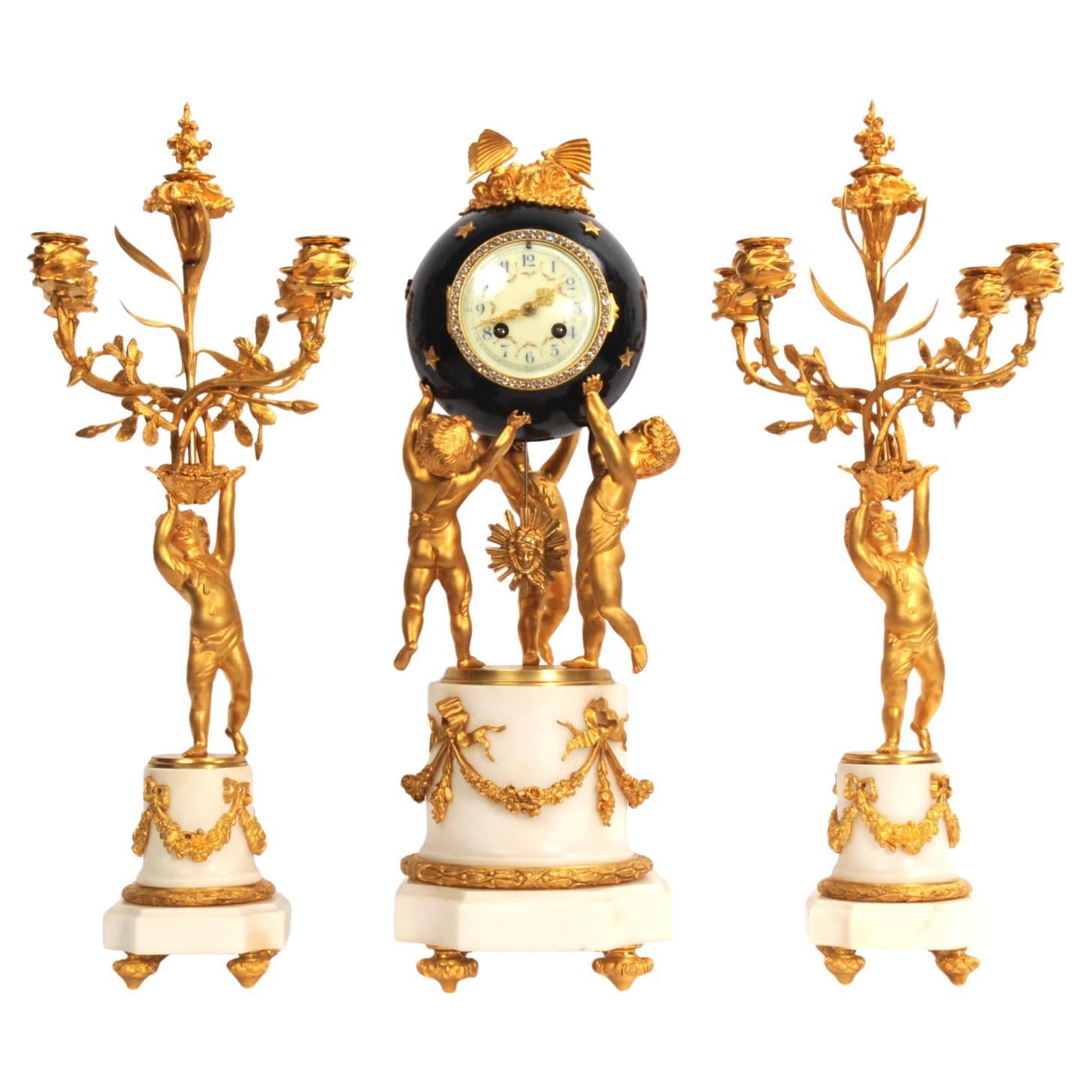 Fine Ormolu and Marble Cherub Clock Set by H Luppens Paris
