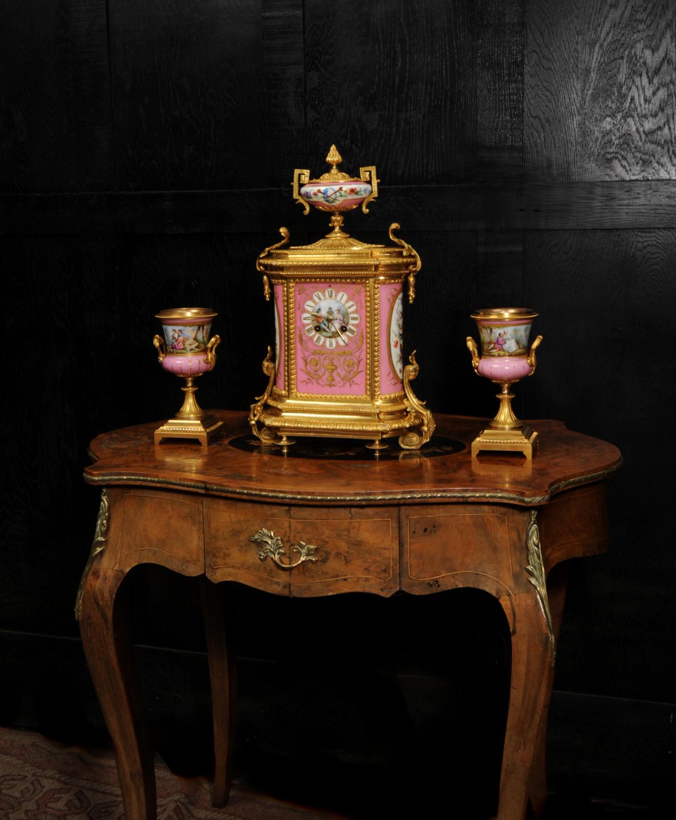 Fine Ormolu and Sevres Porcelain Antique French Clock Set For Sale 7