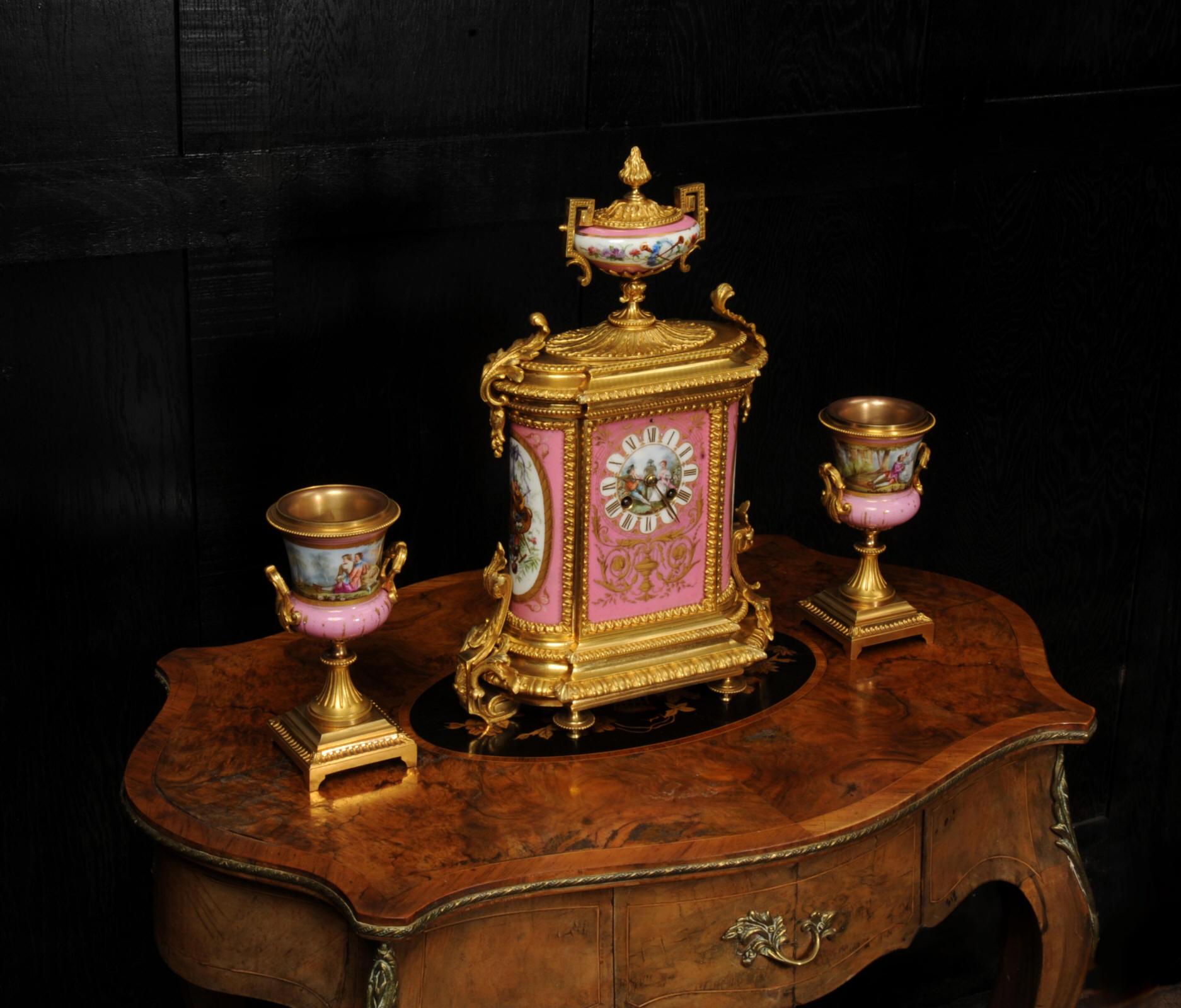 Louis XVI Fine Ormolu and Sevres Porcelain Antique French Clock Set For Sale