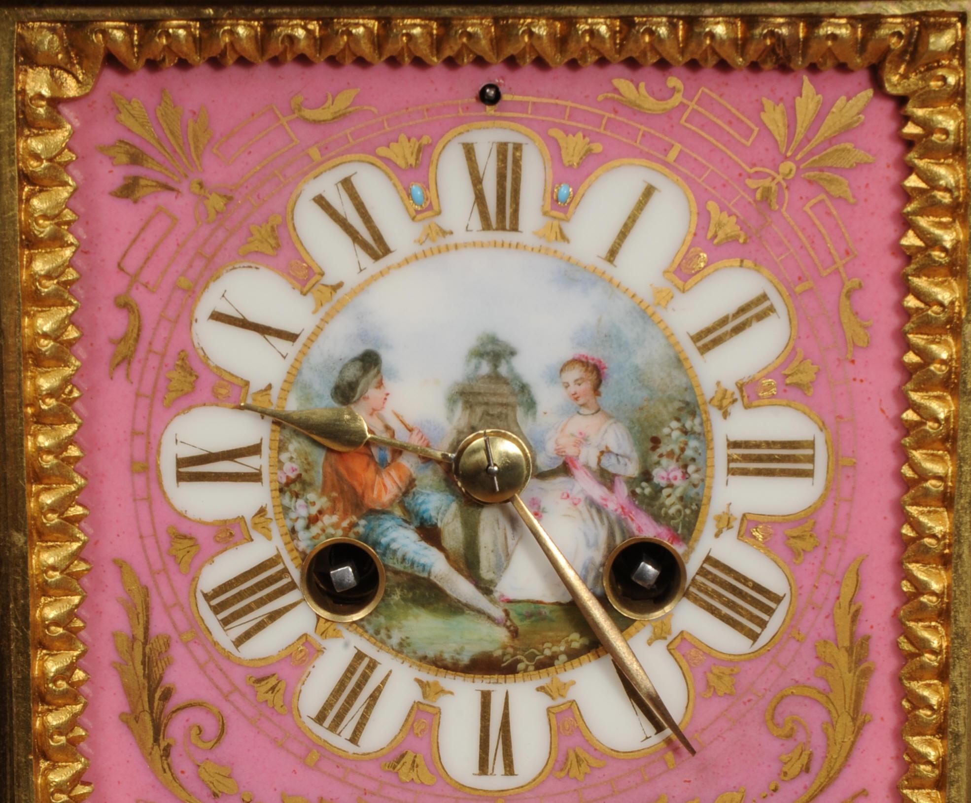Hand-Painted Fine Ormolu and Sevres Porcelain Antique French Clock Set For Sale