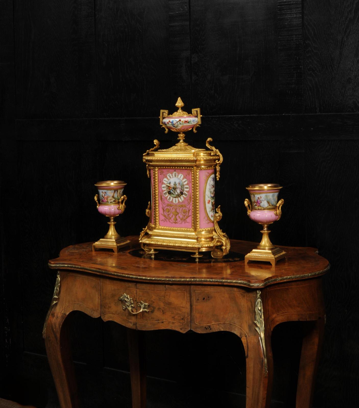 19th Century Fine Ormolu and Sevres Porcelain Antique French Clock Set For Sale