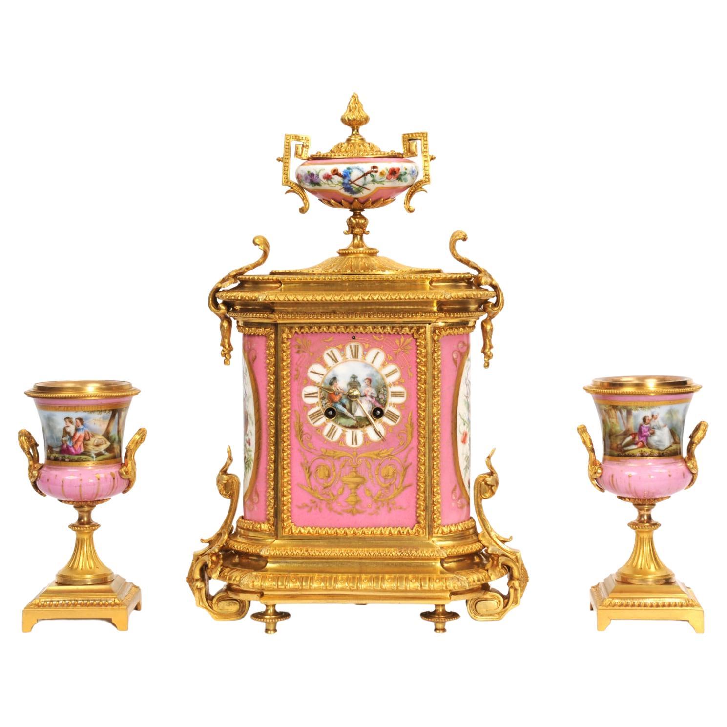 Fine Ormolu and Sevres Porcelain Antique French Clock Set For Sale