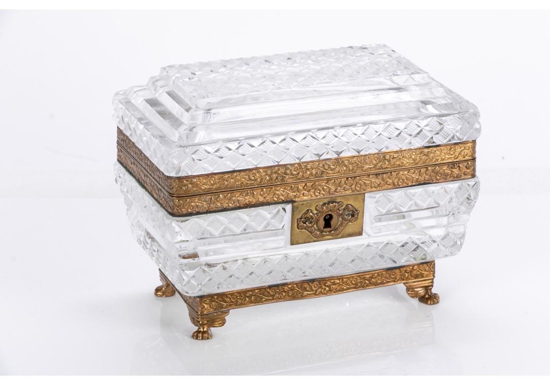 Hollywood Regency Fine Ormolu Mounted Crystal Box in the Style of Baccarat