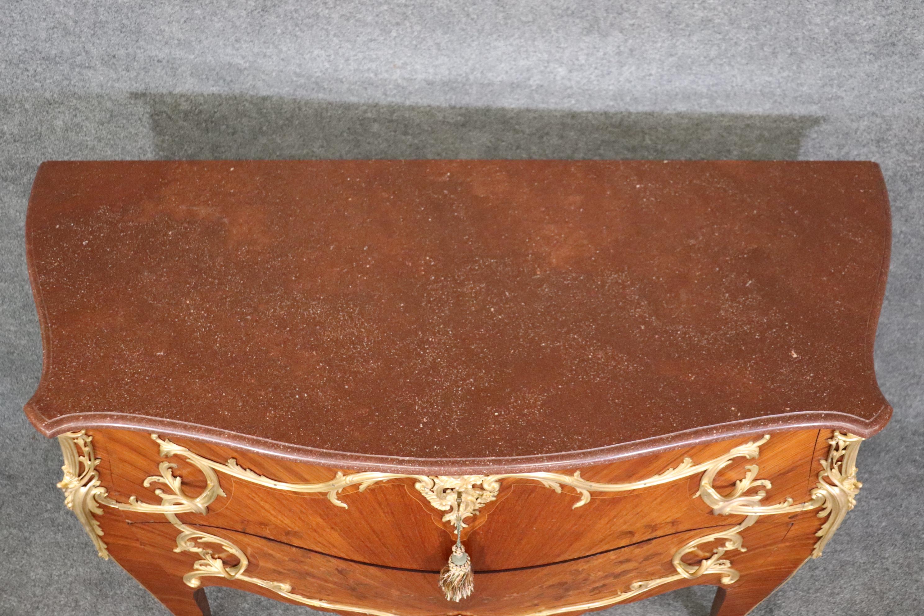 Fine Ormolu Mounted French Louis XV Rouge Marble Top Radiating Inlay Commode  For Sale 5