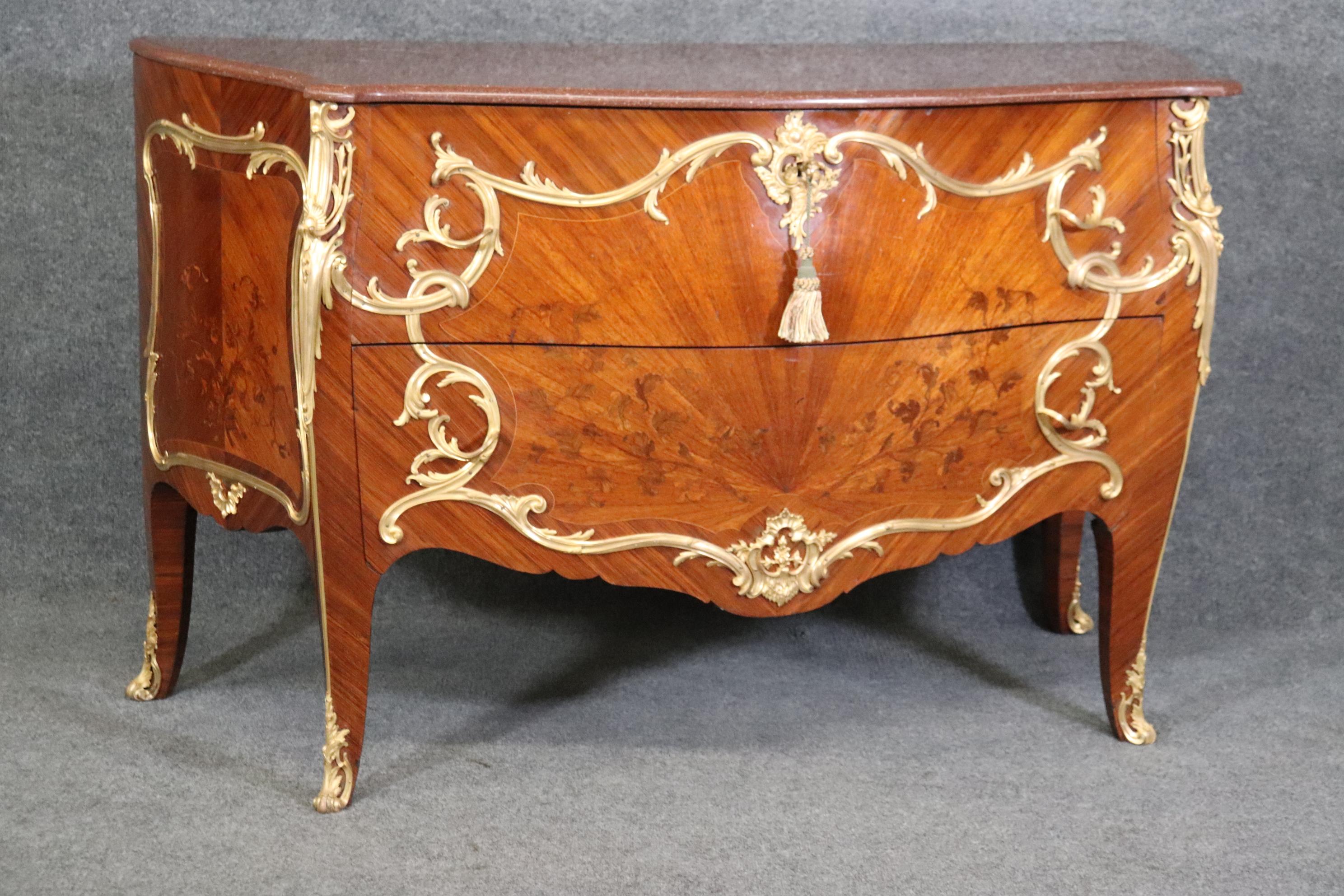 Fine Ormolu Mounted French Louis XV Rouge Marble Top Radiating Inlay Commode  In Good Condition For Sale In Swedesboro, NJ