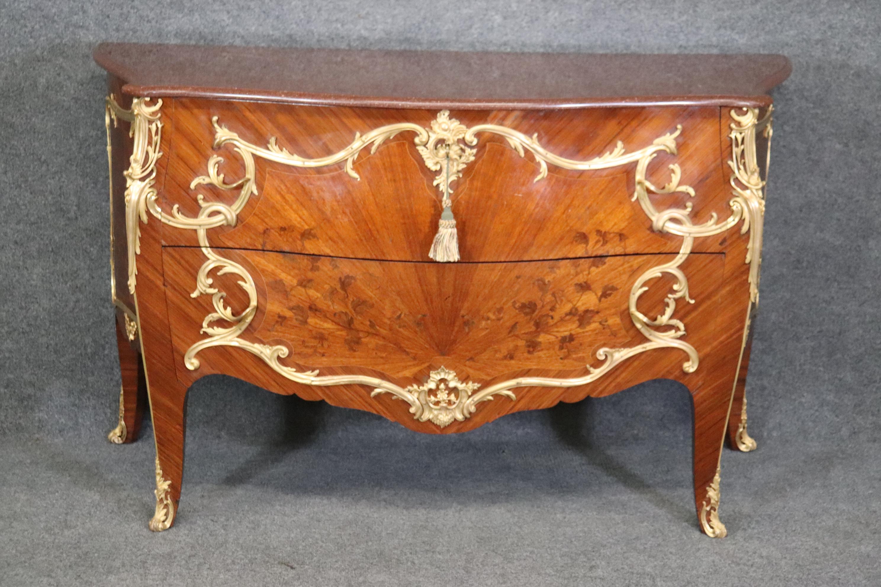 Late 19th Century Fine Ormolu Mounted French Louis XV Rouge Marble Top Radiating Inlay Commode  For Sale