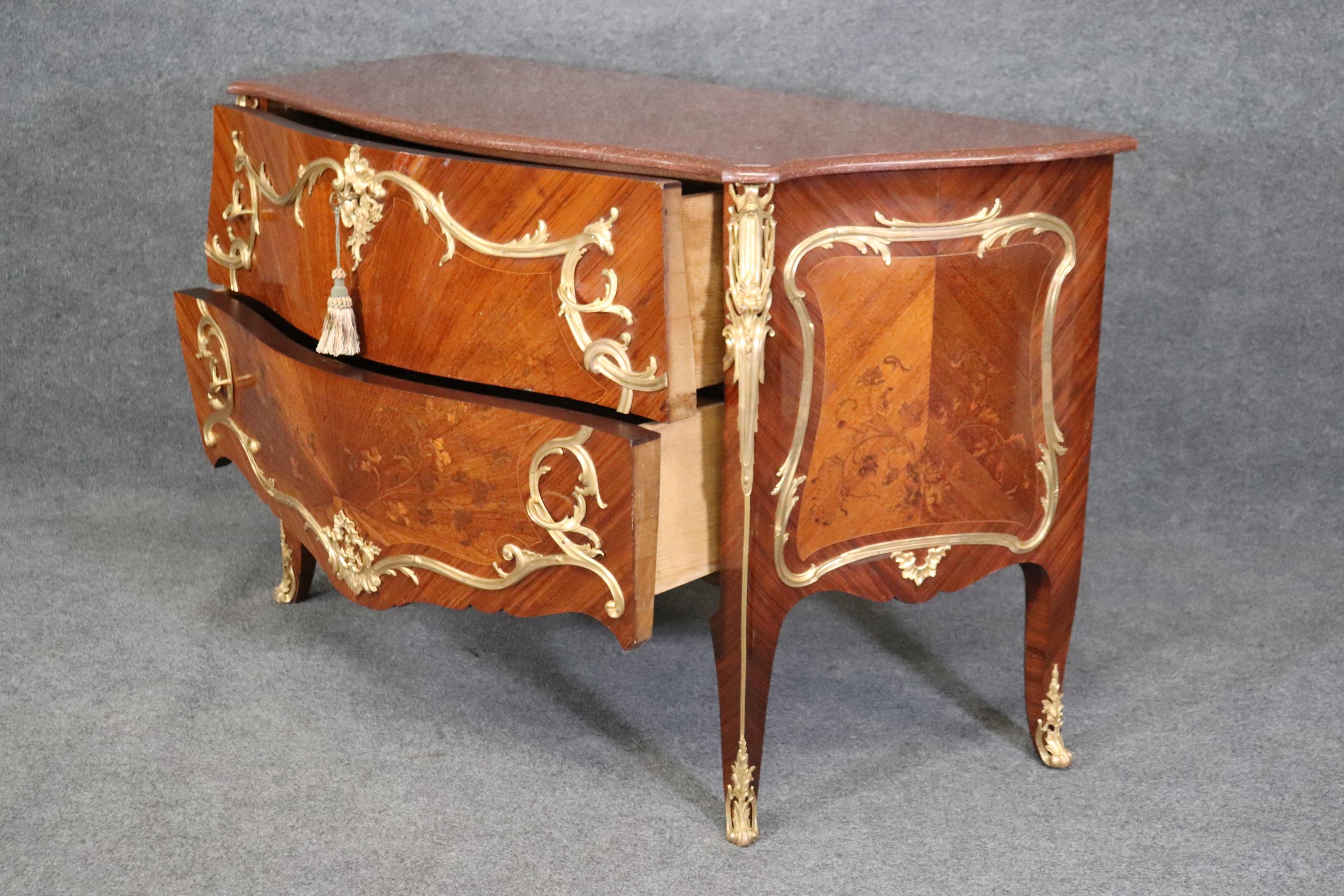 Bronze Fine Ormolu Mounted French Louis XV Rouge Marble Top Radiating Inlay Commode  For Sale