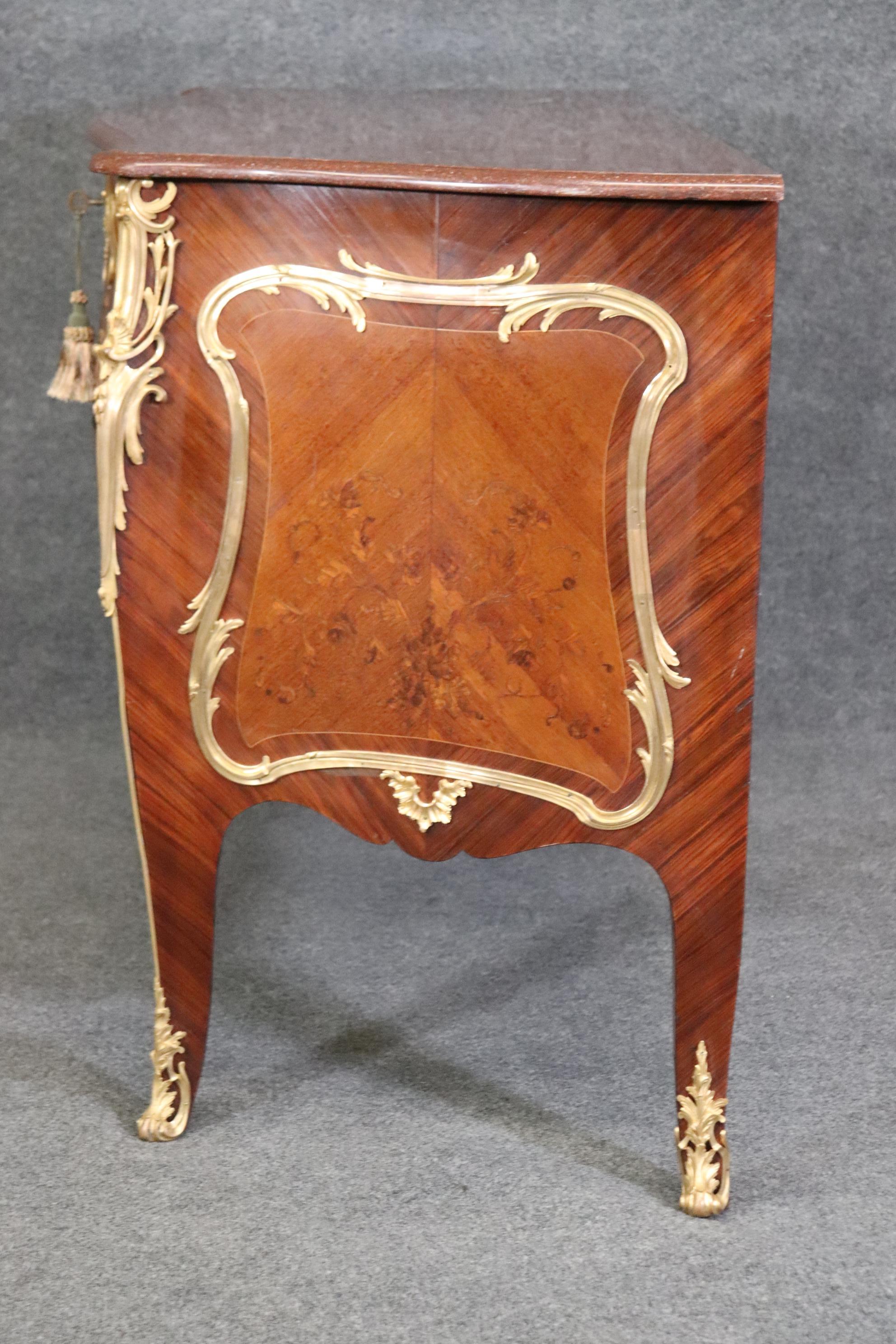 Fine Ormolu Mounted French Louis XV Rouge Marble Top Radiating Inlay Commode  For Sale 1