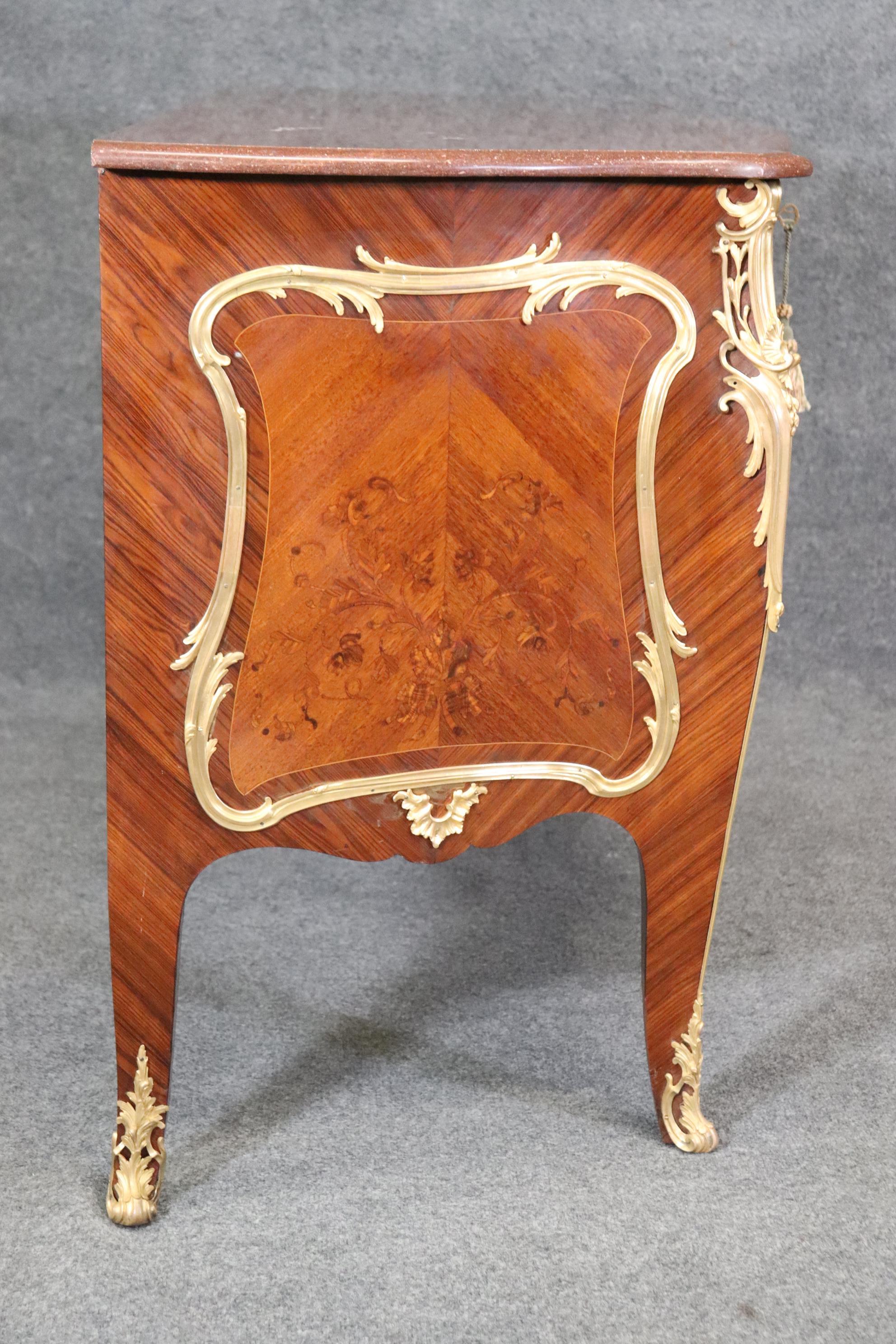 Fine Ormolu Mounted French Louis XV Rouge Marble Top Radiating Inlay Commode  For Sale 4