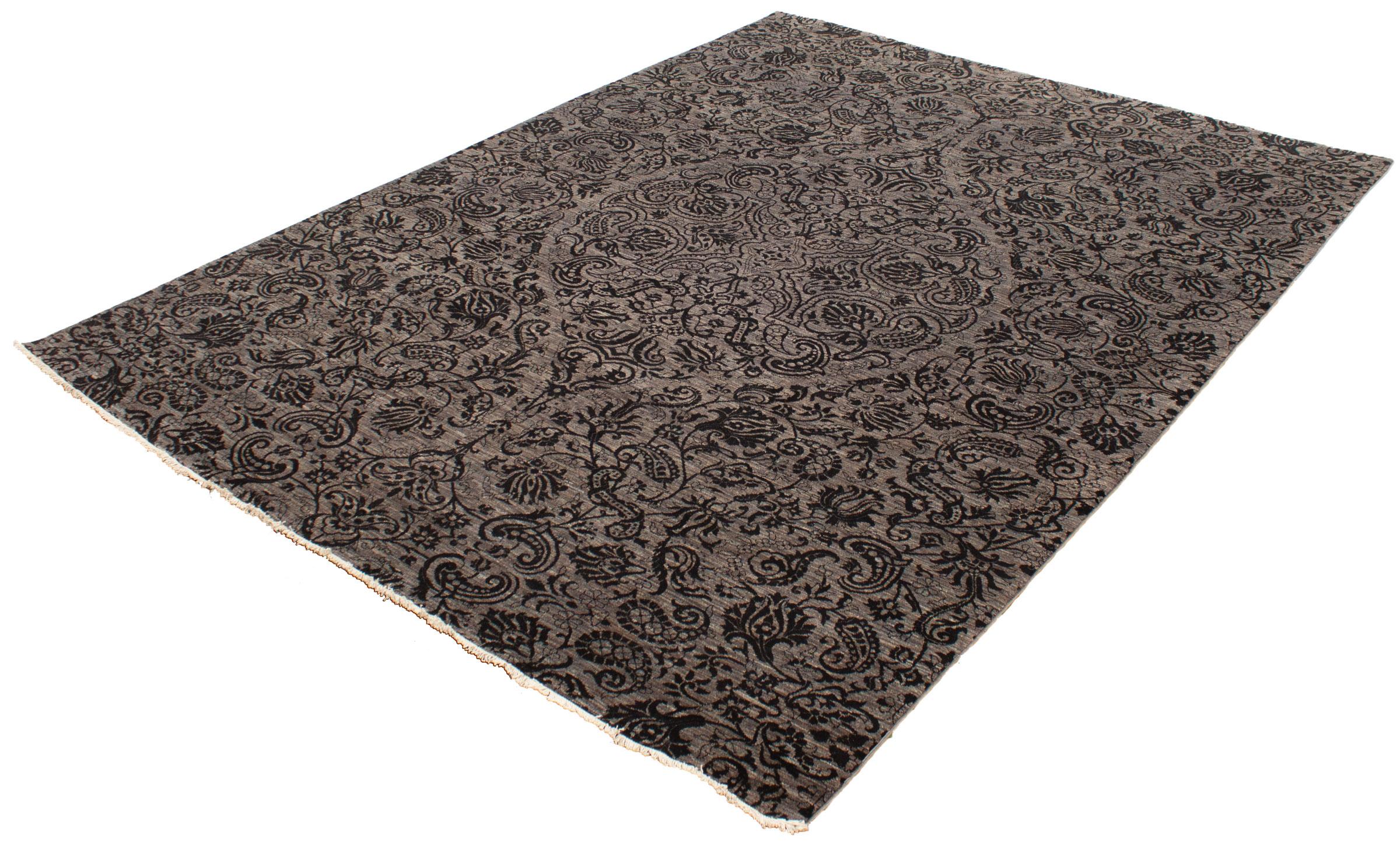 Modern Gray and Black Wool Transitional Paisley Hand-Knotted Carpet, 9' x 12' For Sale