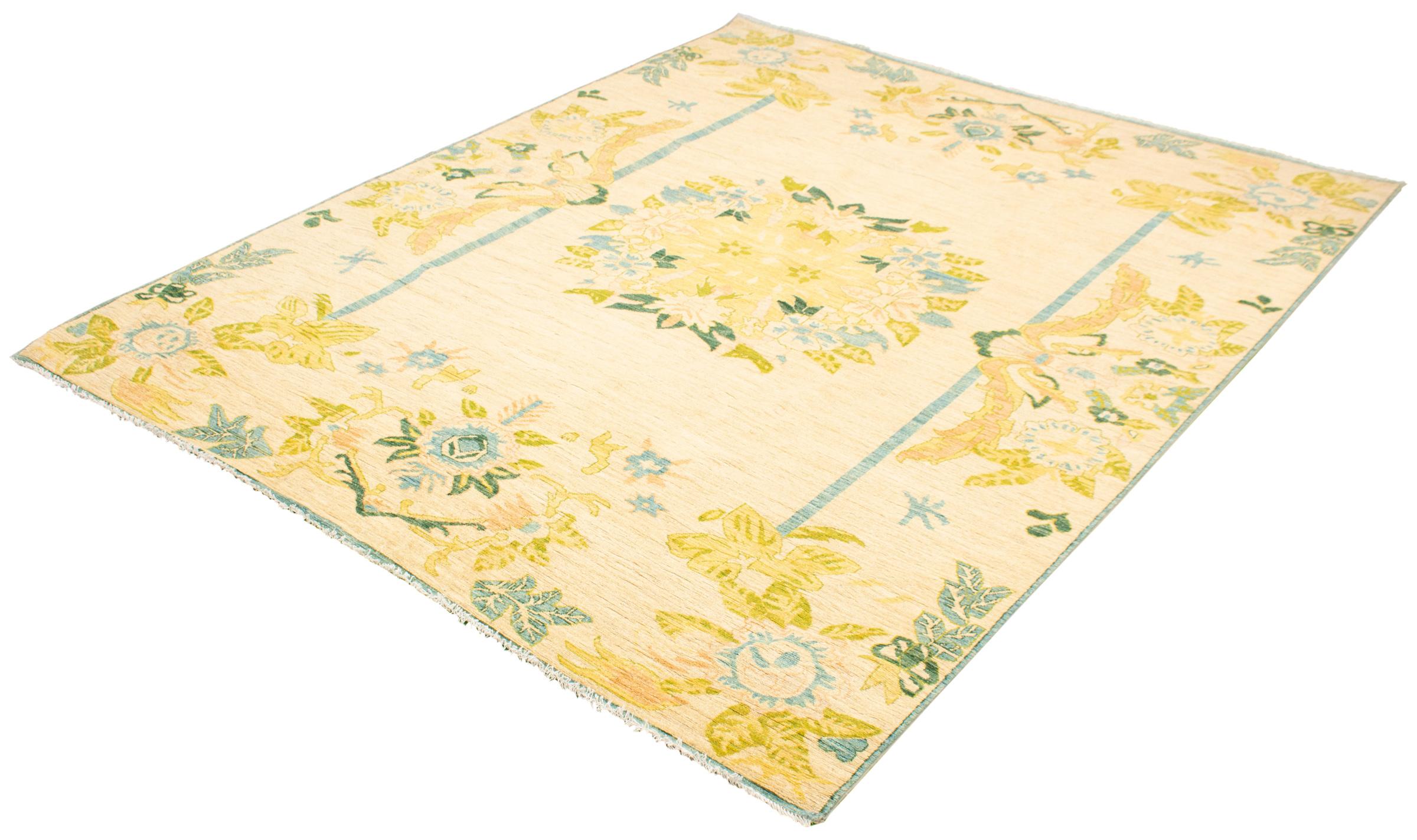 Teinture végétale Tapis persan Oushak transitionnel jaune pastel, vert, bleu, en laine, 9' x 12' en vente