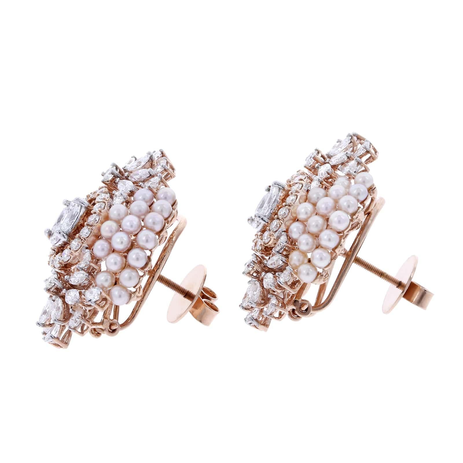 Women's or Men's Fine Oval Shaped Pearl and Diamond Earrings, 18K Yellow Gold