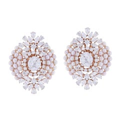 Fine Oval Shaped Pearl and Diamond Earrings, 18K Yellow Gold