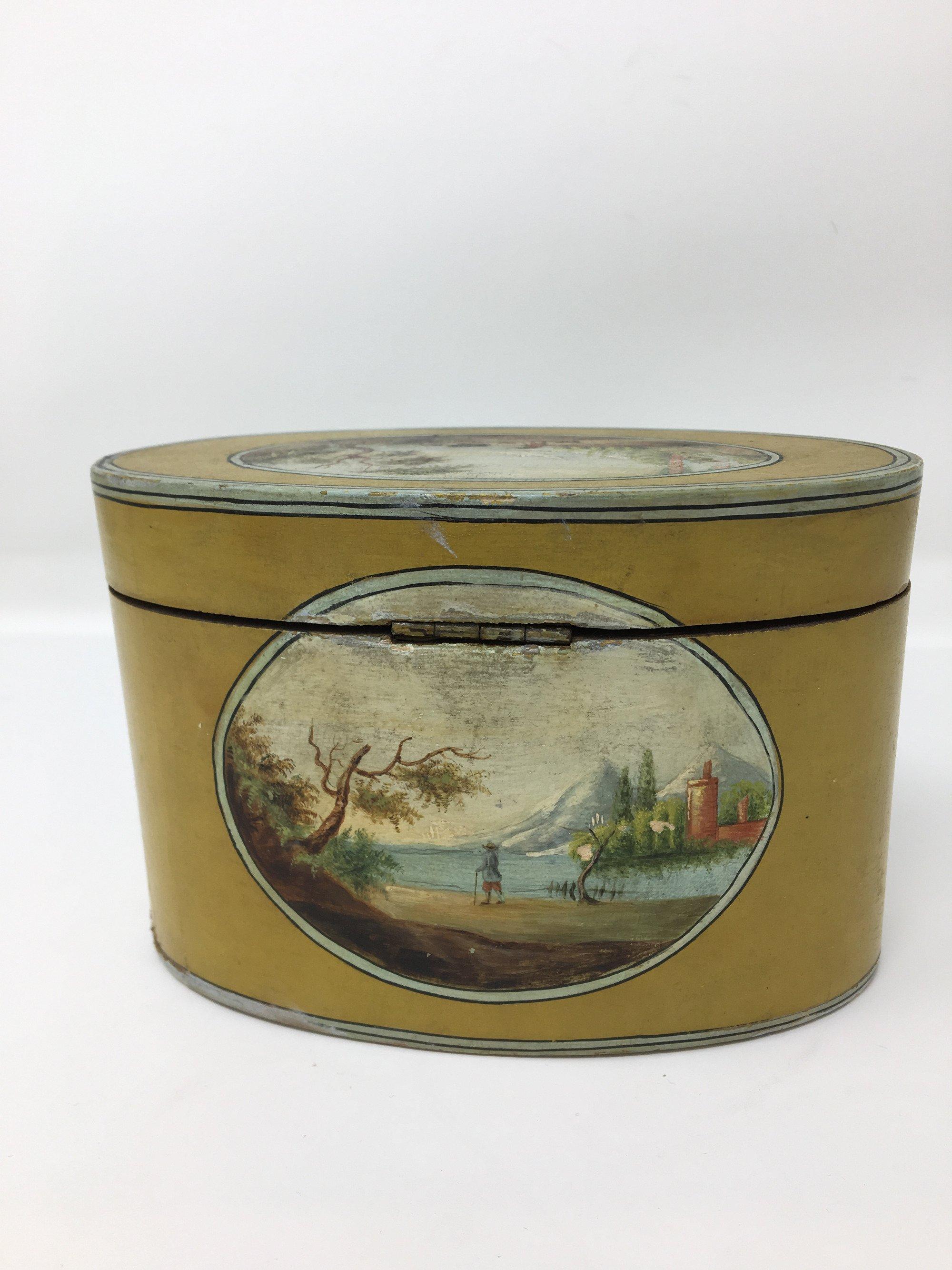 Fine Oval Tea Caddy, Polychrome, Hand Painted Landscape, circa 1750 In Good Condition In Doylestown, PA