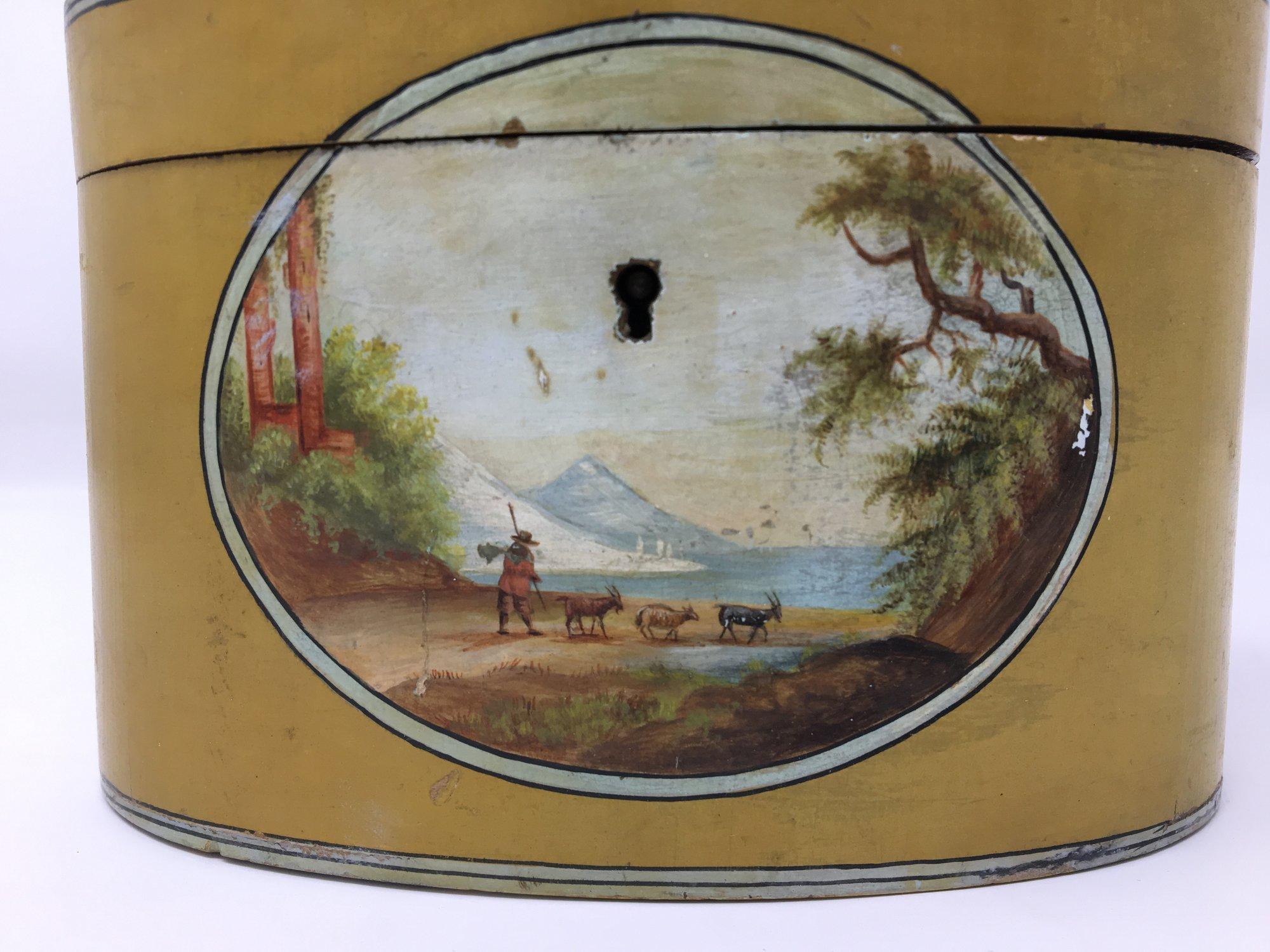 Wood Fine Oval Tea Caddy, Polychrome, Hand Painted Landscape, circa 1750