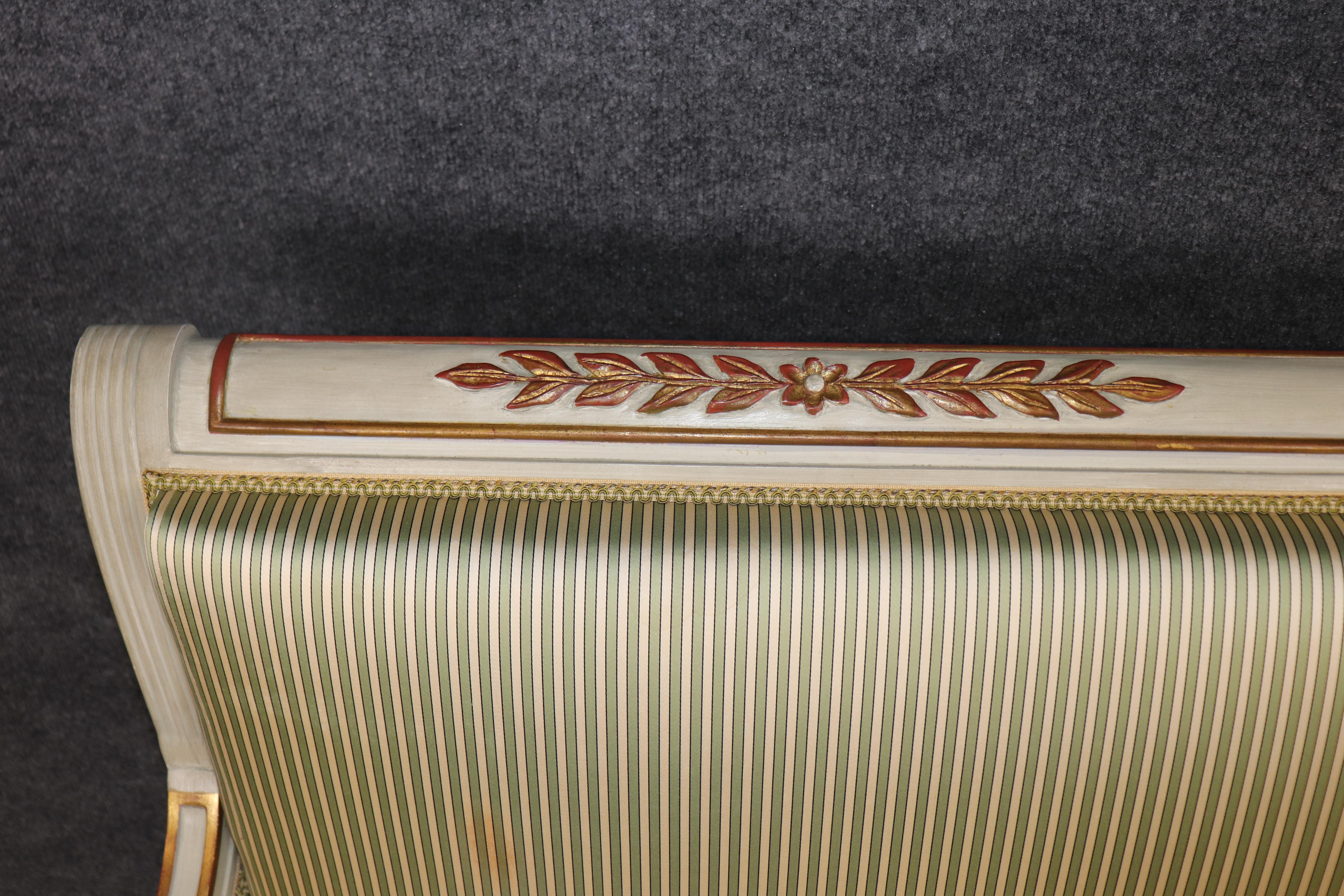 Fine Paint Decorated Gilt Over Red Bole Green Silk Maison Jansen Attr. Settee For Sale 4