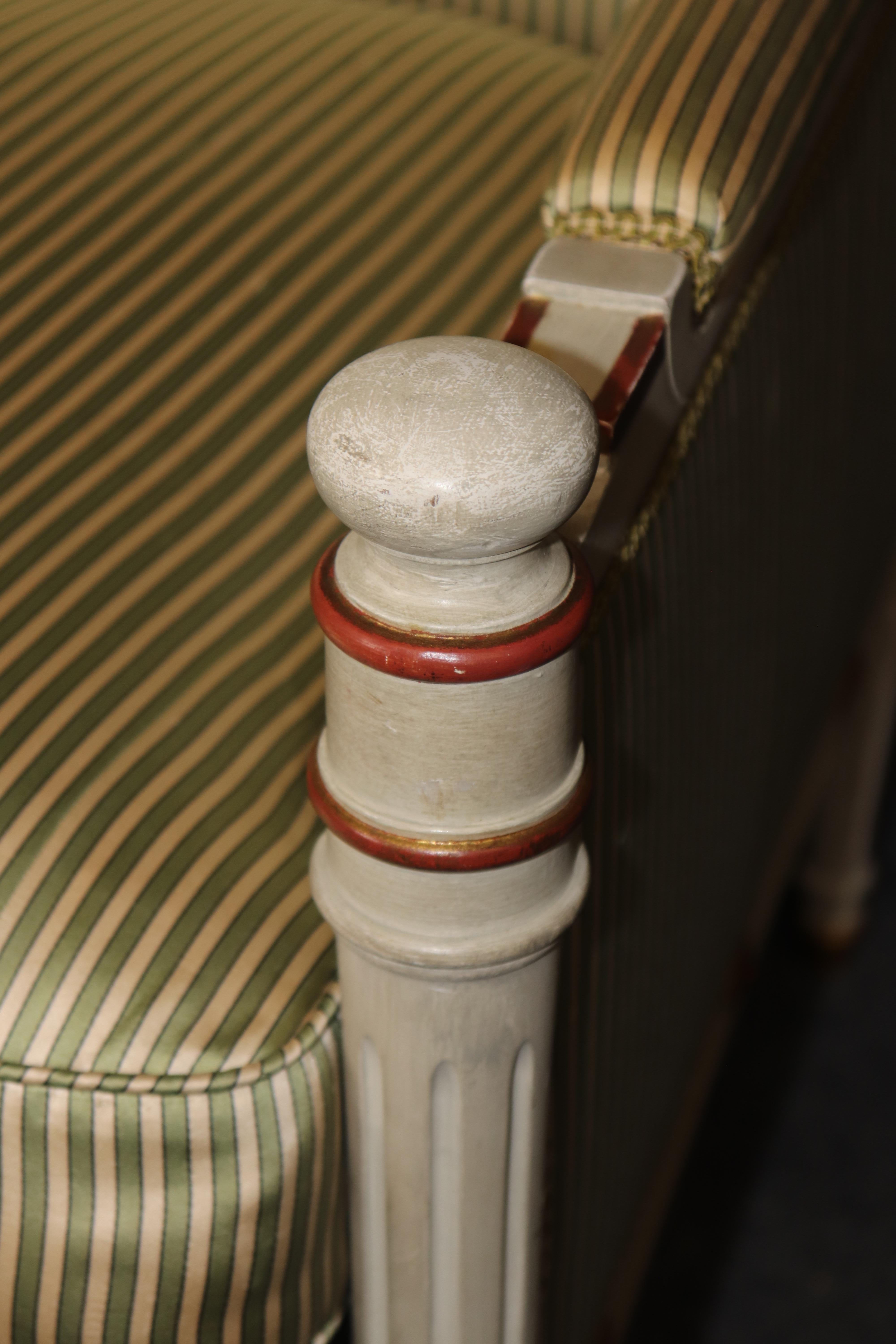 Fine Paint Decorated Gilt Over Red Bole Green Silk Maison Jansen Attr. Settee For Sale 5