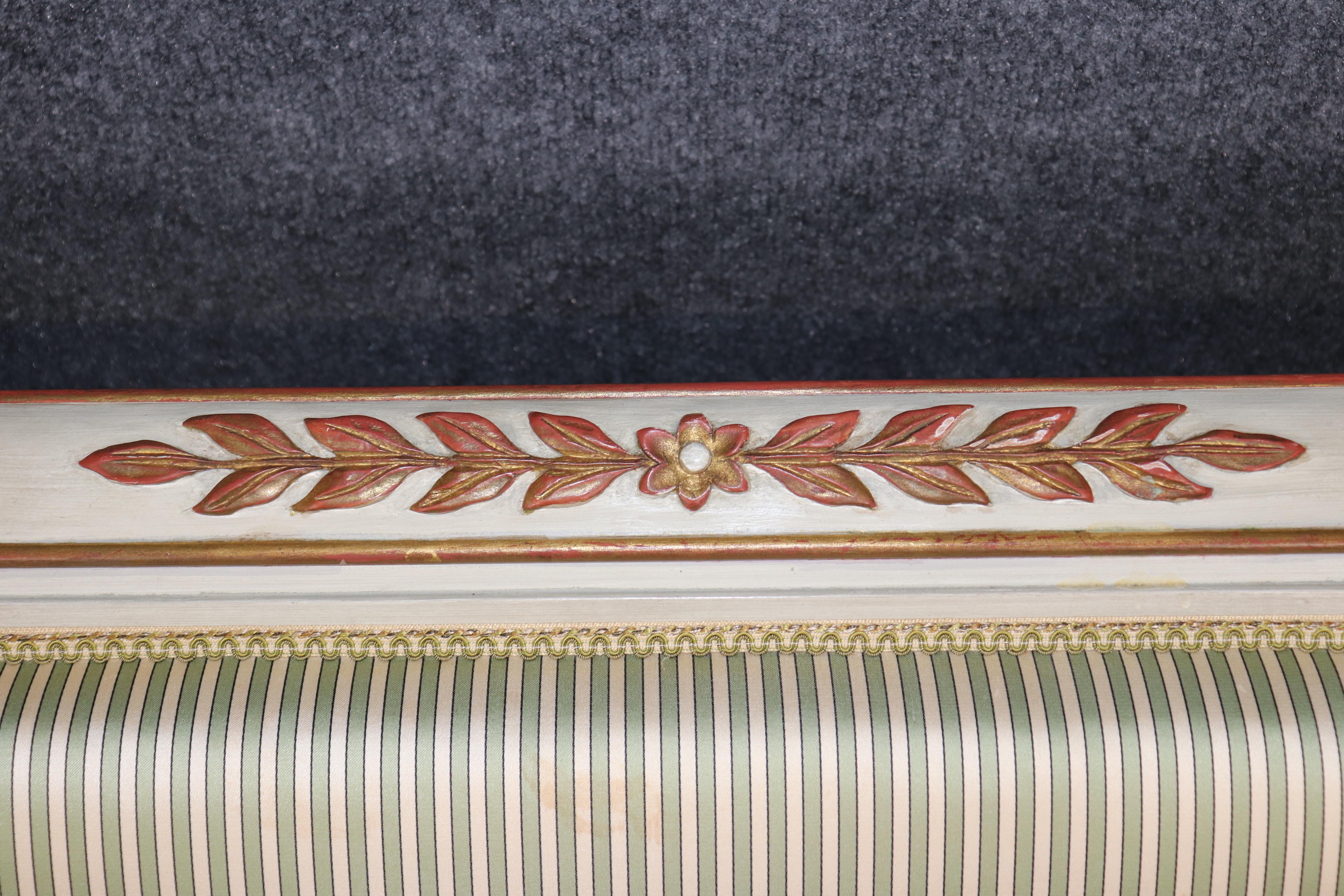 Fine Paint Decorated Gilt Over Red Bole Green Silk Maison Jansen Attr. Settee For Sale 6