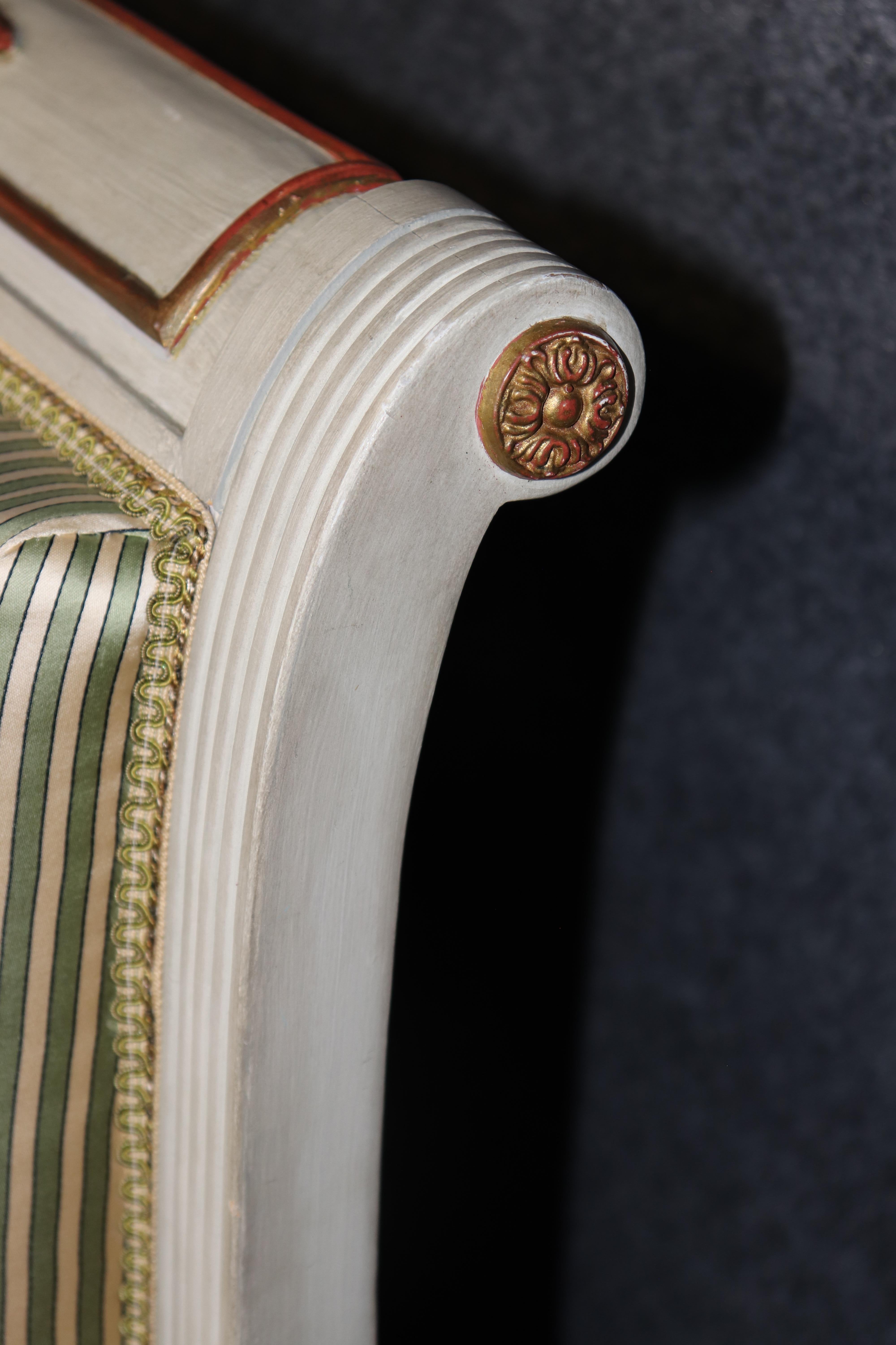 Fine Paint Decorated Gilt Over Red Bole Green Silk Maison Jansen Attr. Settee For Sale 7