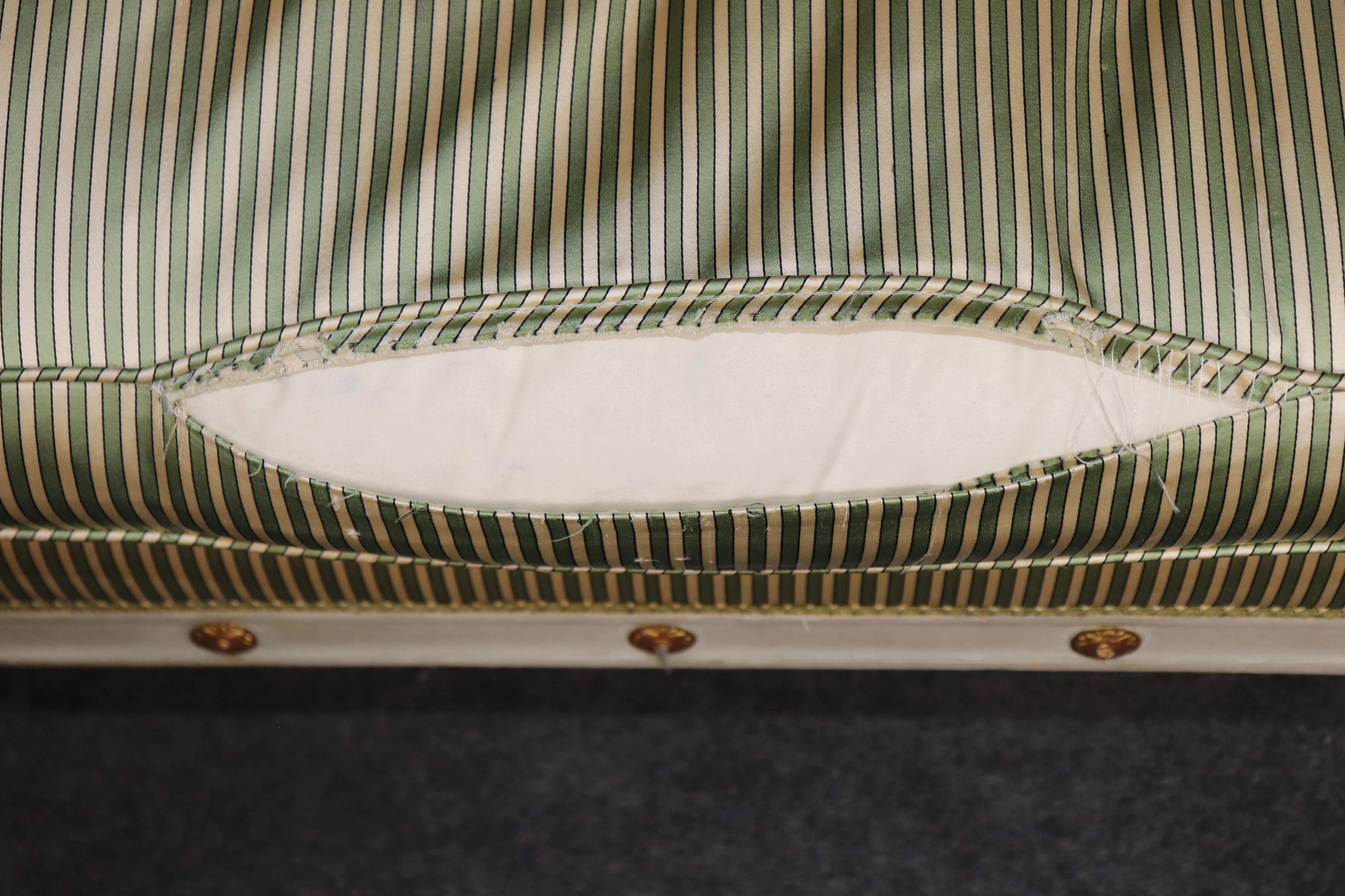Fine Paint Decorated Gilt Over Red Bole Green Silk Maison Jansen Attr. Settee For Sale 8