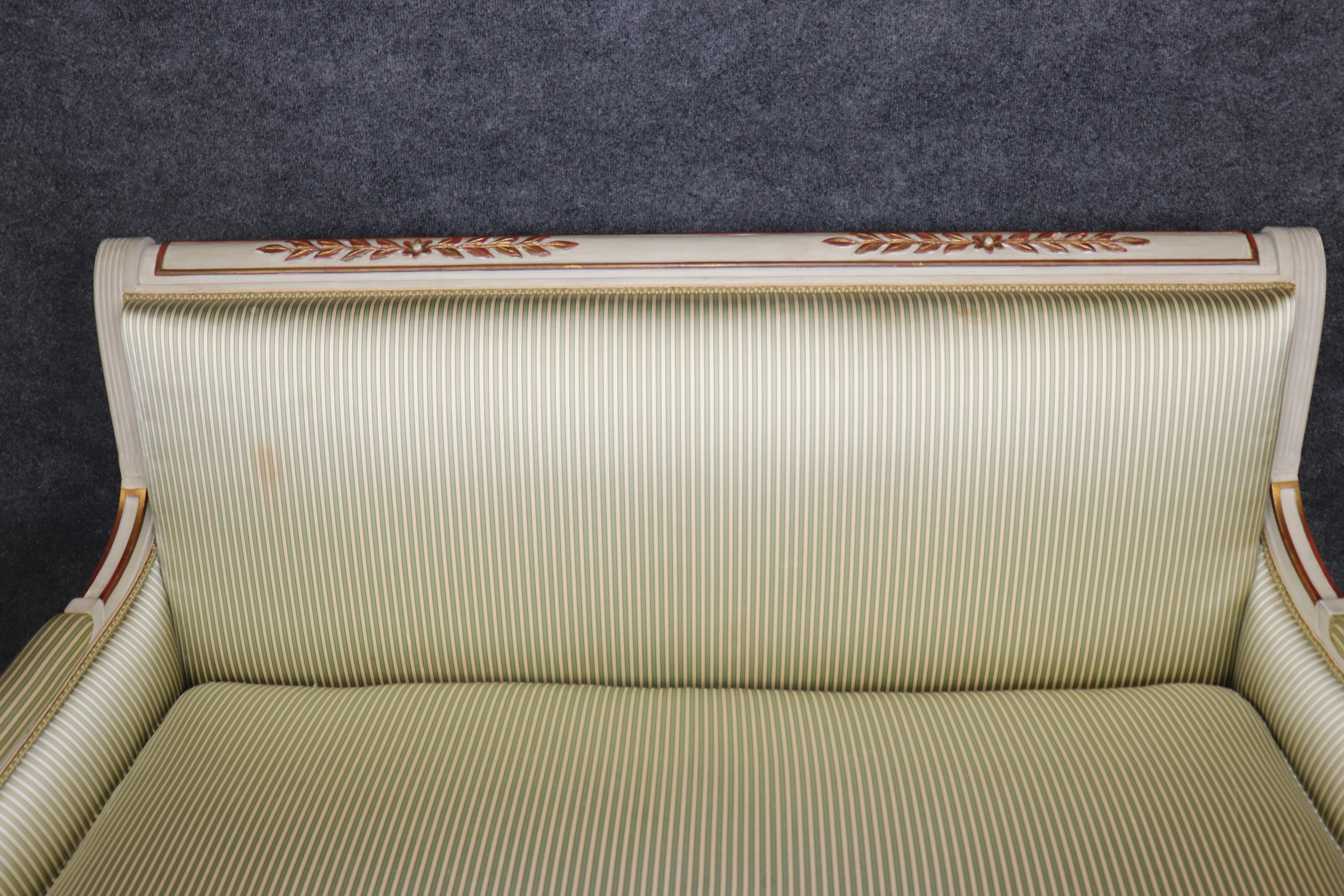 Fine Paint Decorated Gilt Over Red Bole Green Silk Maison Jansen Attr. Settee For Sale 9