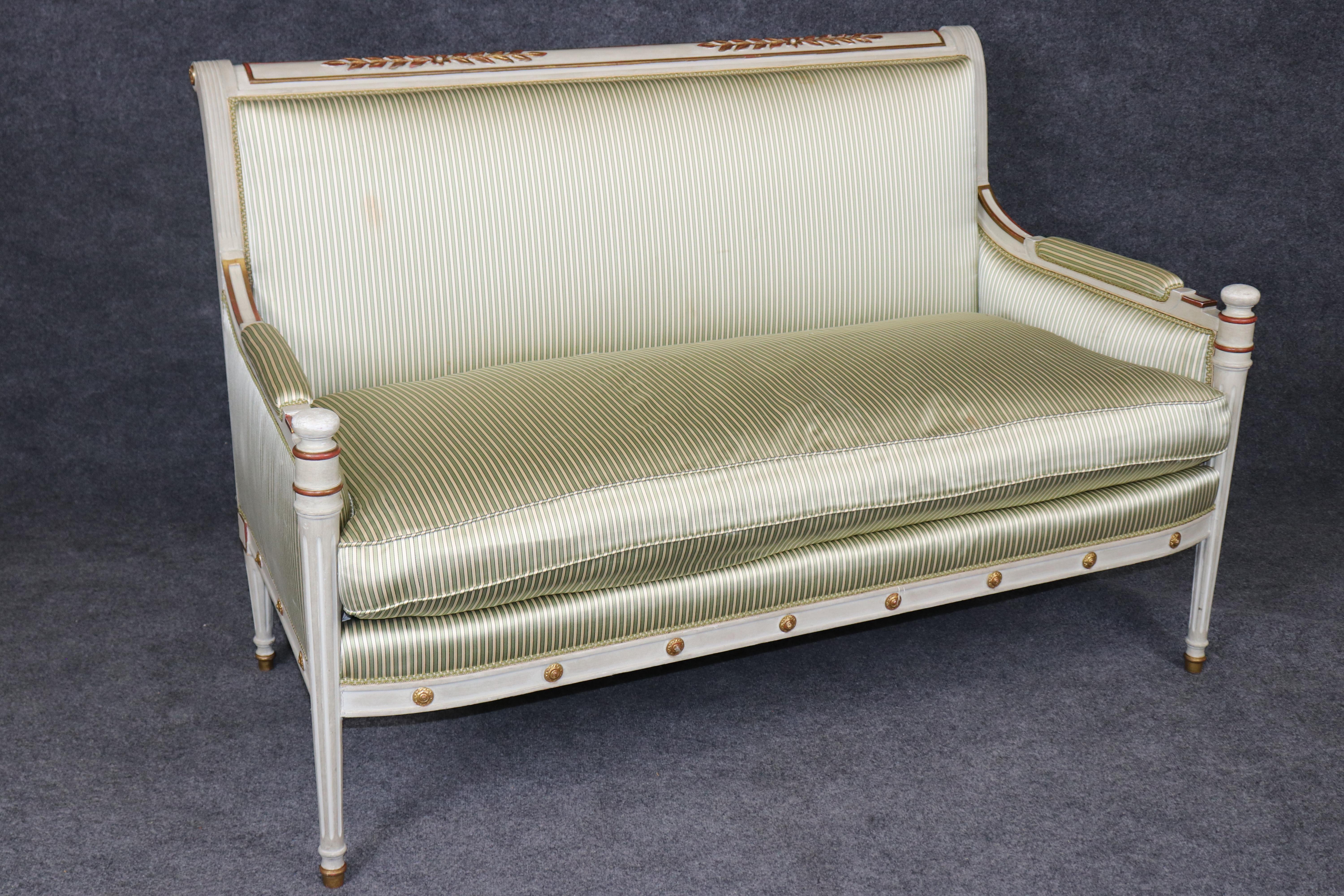 Directoire Fine Paint Decorated Gilt Over Red Bole Green Silk Maison Jansen Attr. Settee For Sale