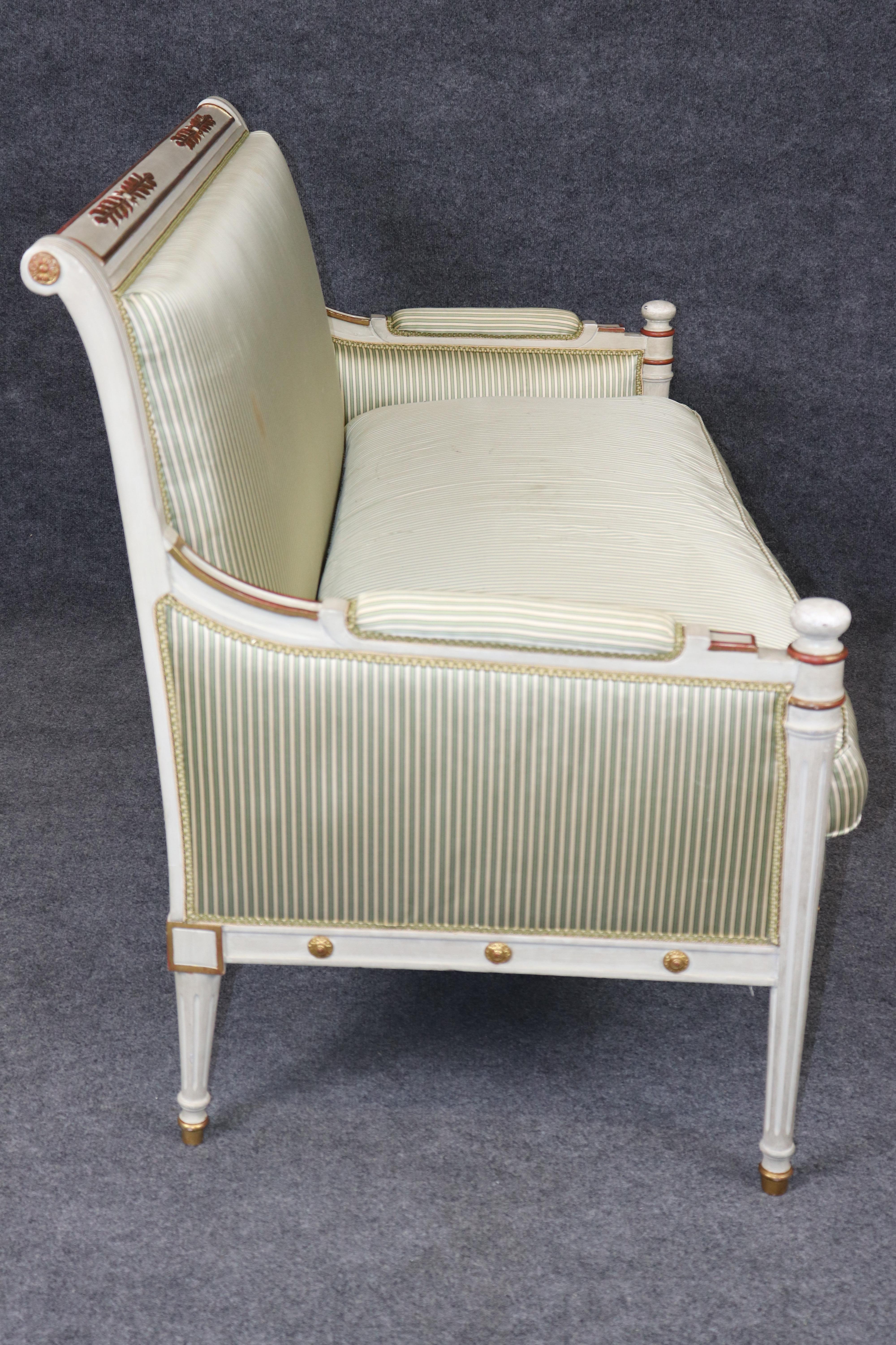 French Fine Paint Decorated Gilt Over Red Bole Green Silk Maison Jansen Attr. Settee For Sale