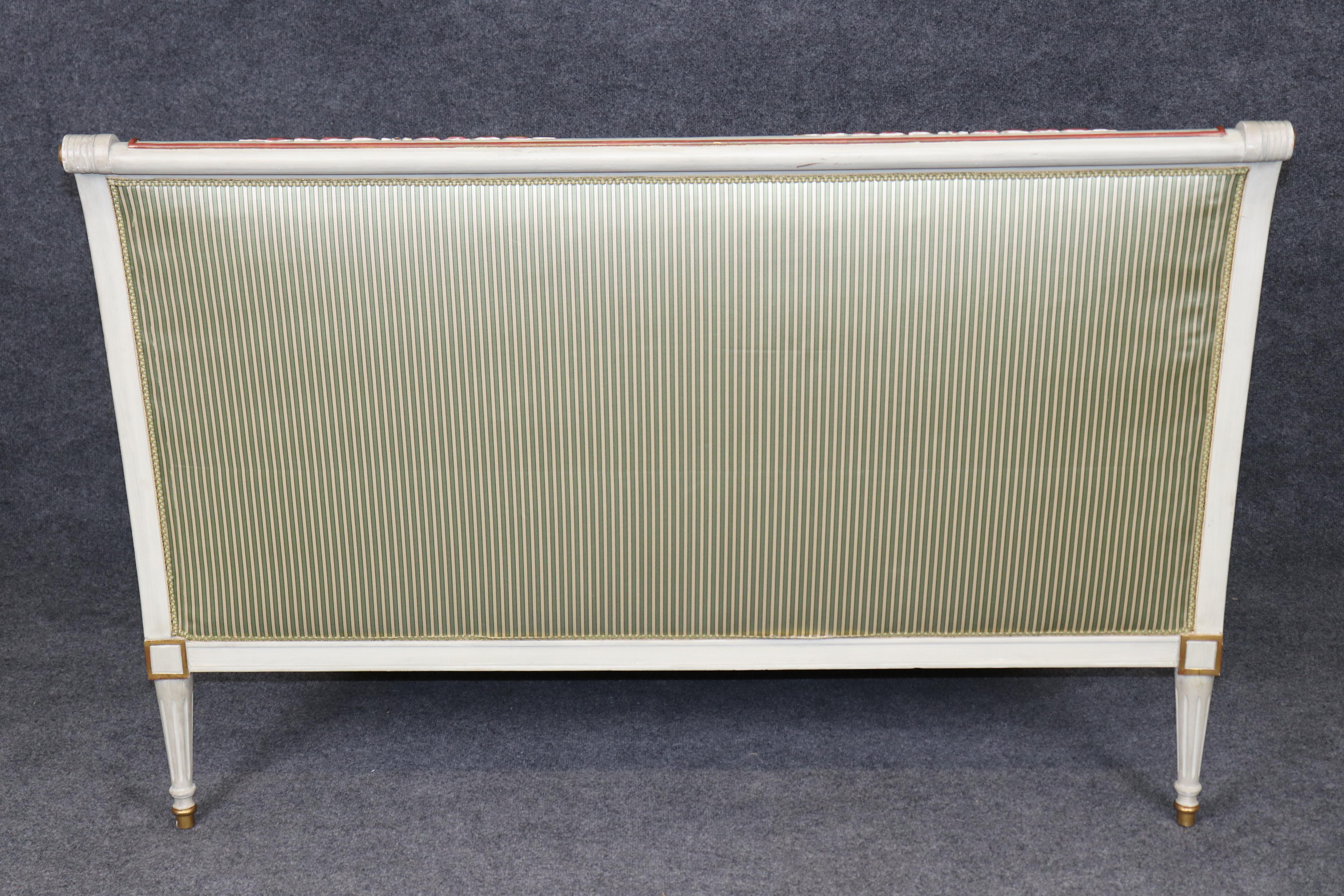 Fine Paint Decorated Gilt Over Red Bole Green Silk Maison Jansen Attr. Settee In Good Condition For Sale In Swedesboro, NJ