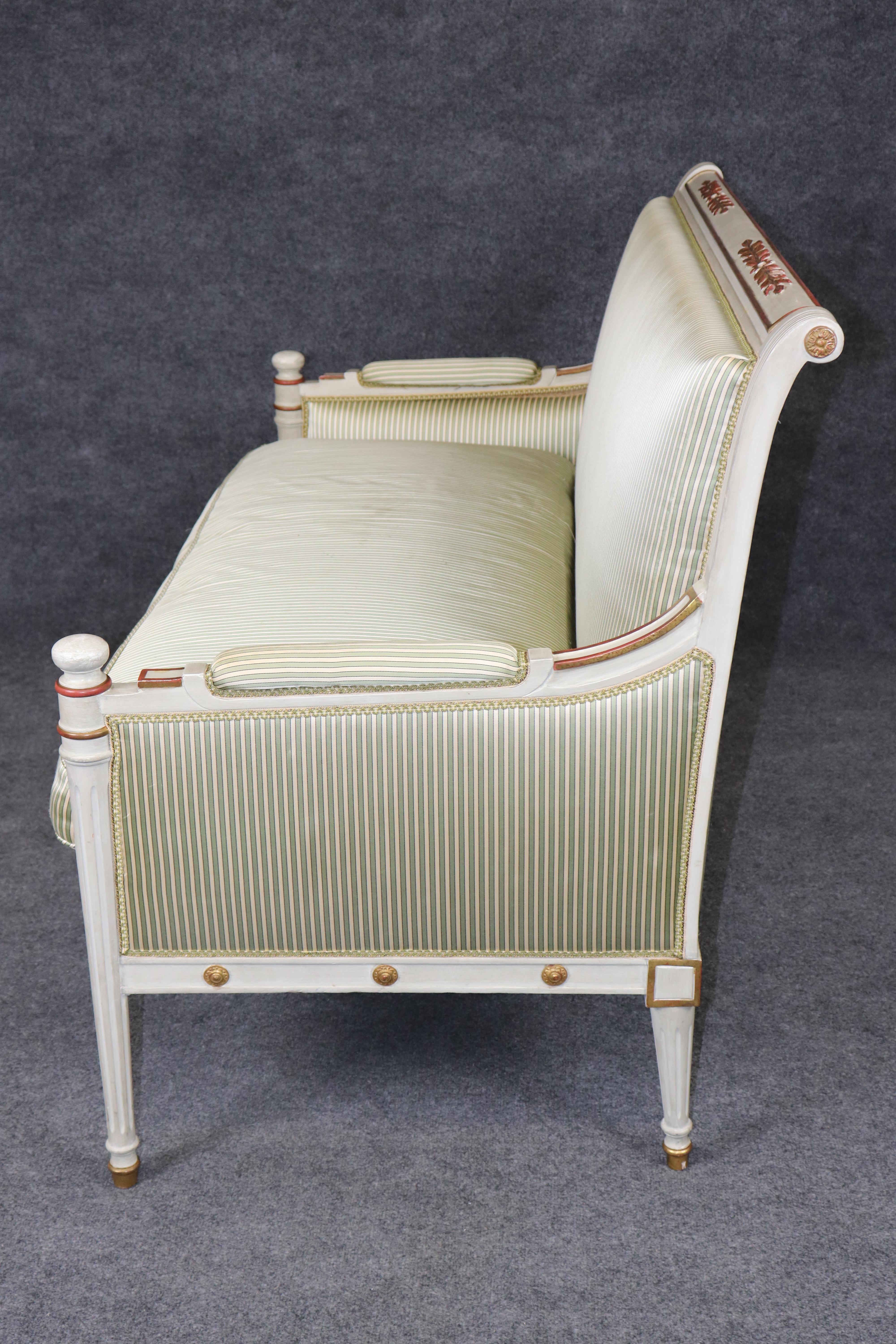 Early 20th Century Fine Paint Decorated Gilt Over Red Bole Green Silk Maison Jansen Attr. Settee For Sale