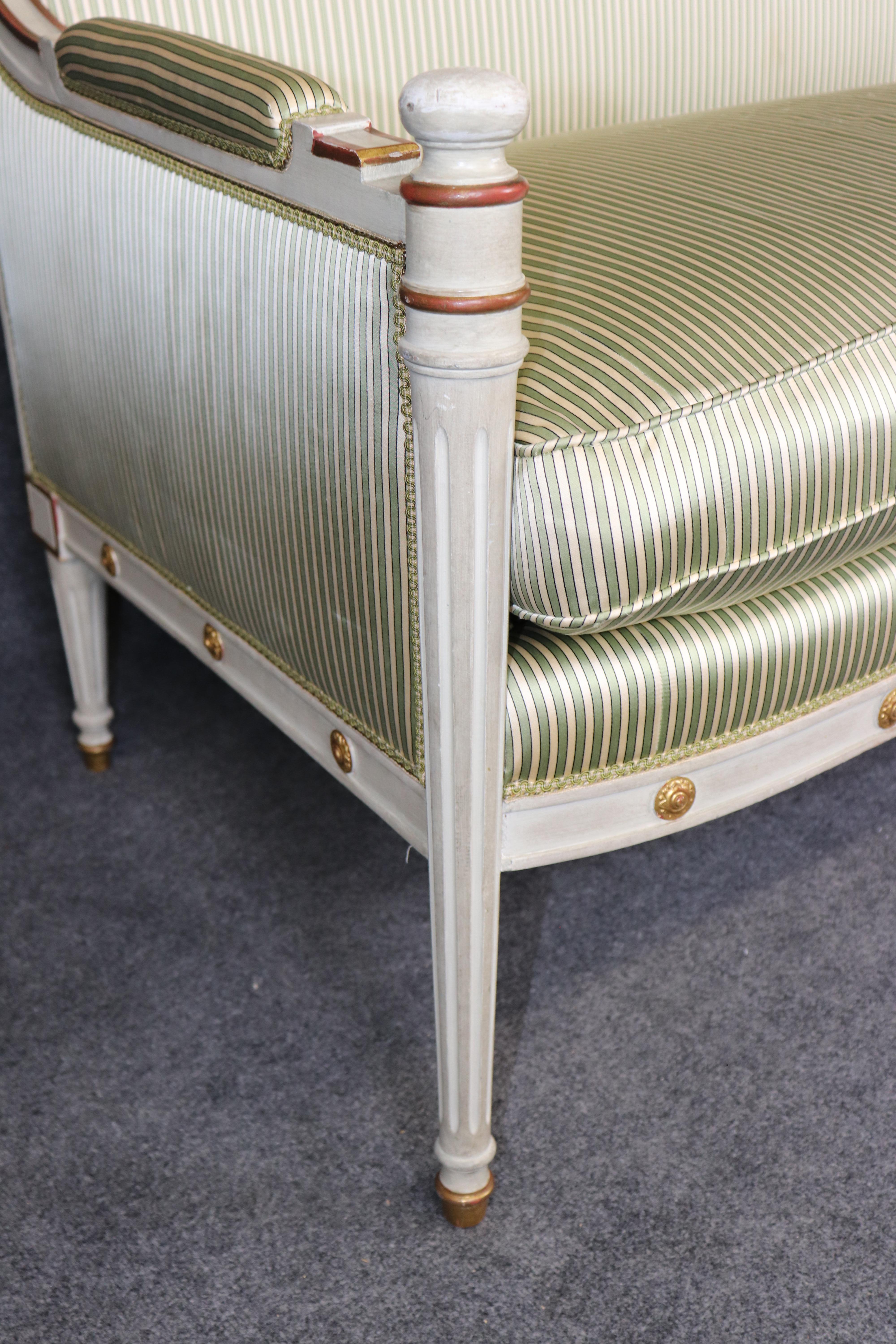 Fine Paint Decorated Gilt Over Red Bole Green Silk Maison Jansen Attr. Settee For Sale 1