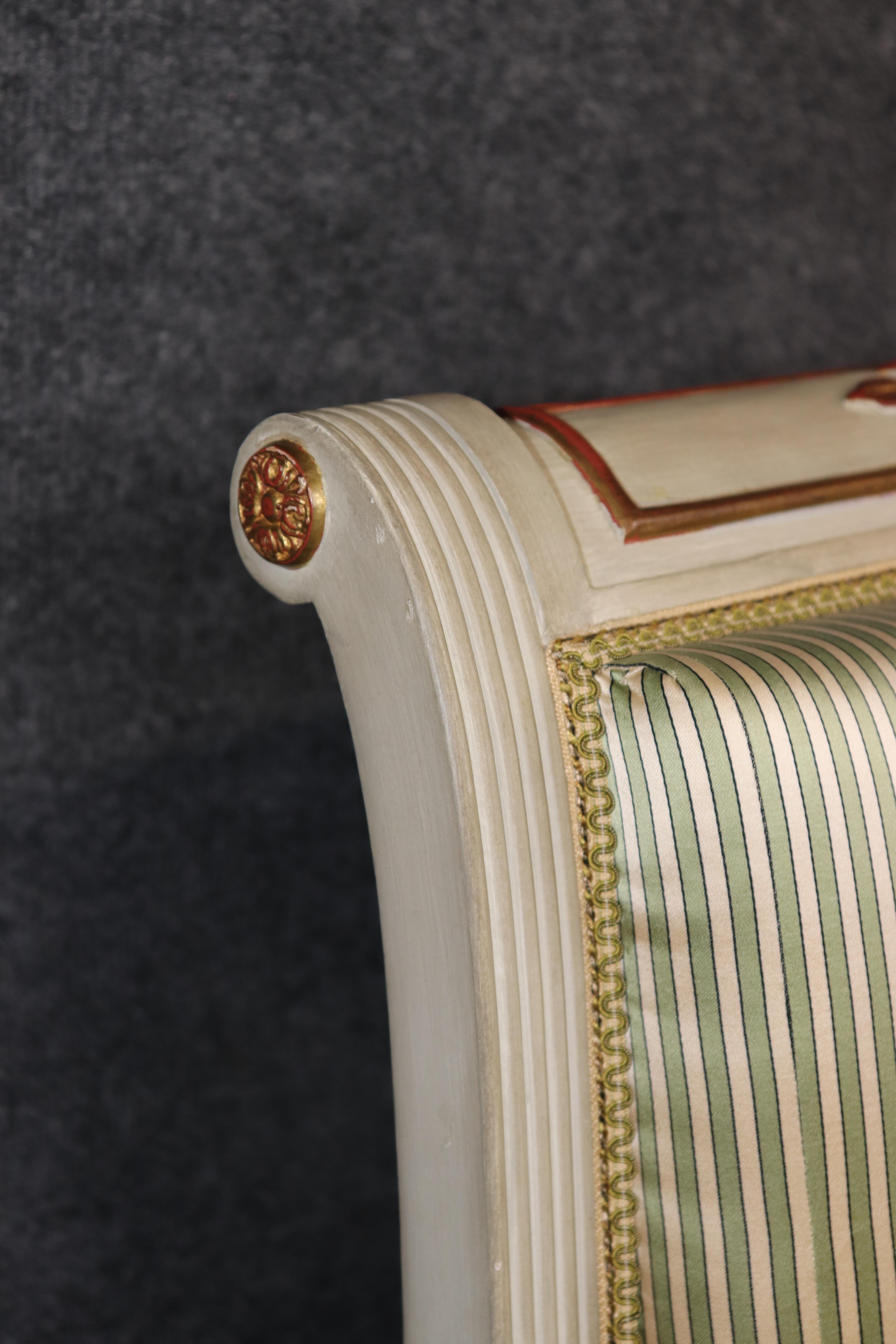 Fine Paint Decorated Gilt Over Red Bole Green Silk Maison Jansen Attr. Settee For Sale 3