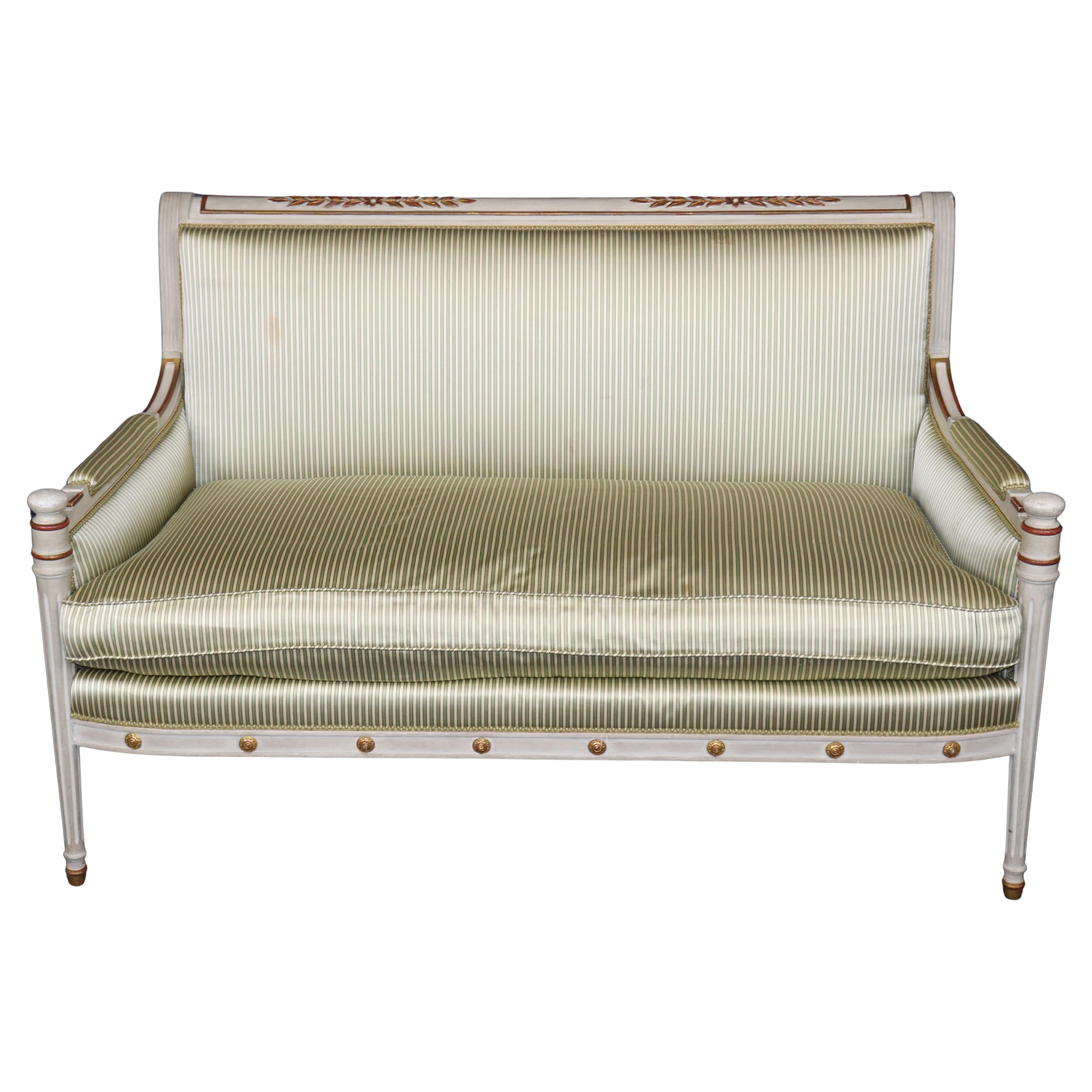 Fine Paint Decorated Gilt Over Red Bole Green Silk Maison Jansen Attr. Settee For Sale