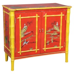 Fine Paint Decorated Red and Yellow Chinoiserie Faux Bamboo Two Door Cabinet