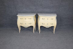 Fine Painted Pair French Louis XV Style Marble Top Bronze Mounted Nightstands