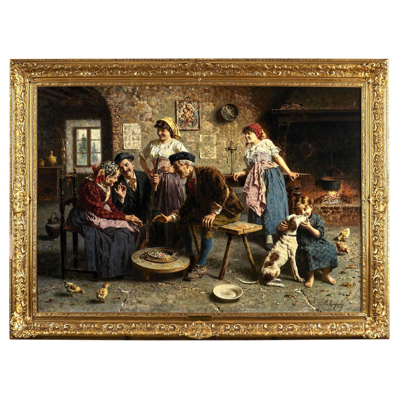 Fine Painting Depicting an Italian Family by Eugenio Zampighi