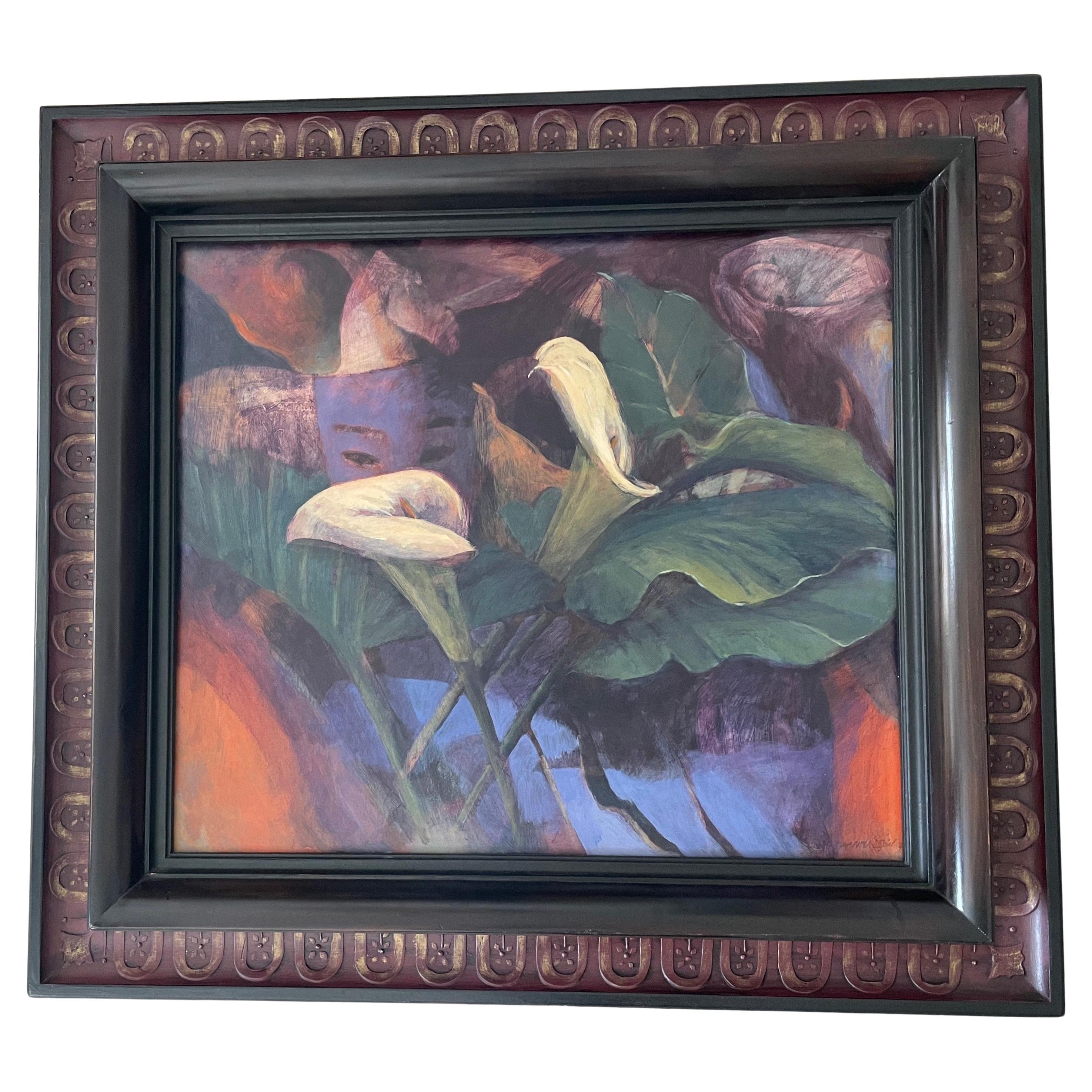 Peinture de qualité « Fleurs et masque » signée Janna Spil, Pays-Bas 1980. en vente