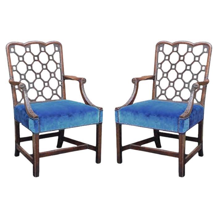 Fine Pair 18th Century Robert Manwaring Carved Mahogany Library Armchairs