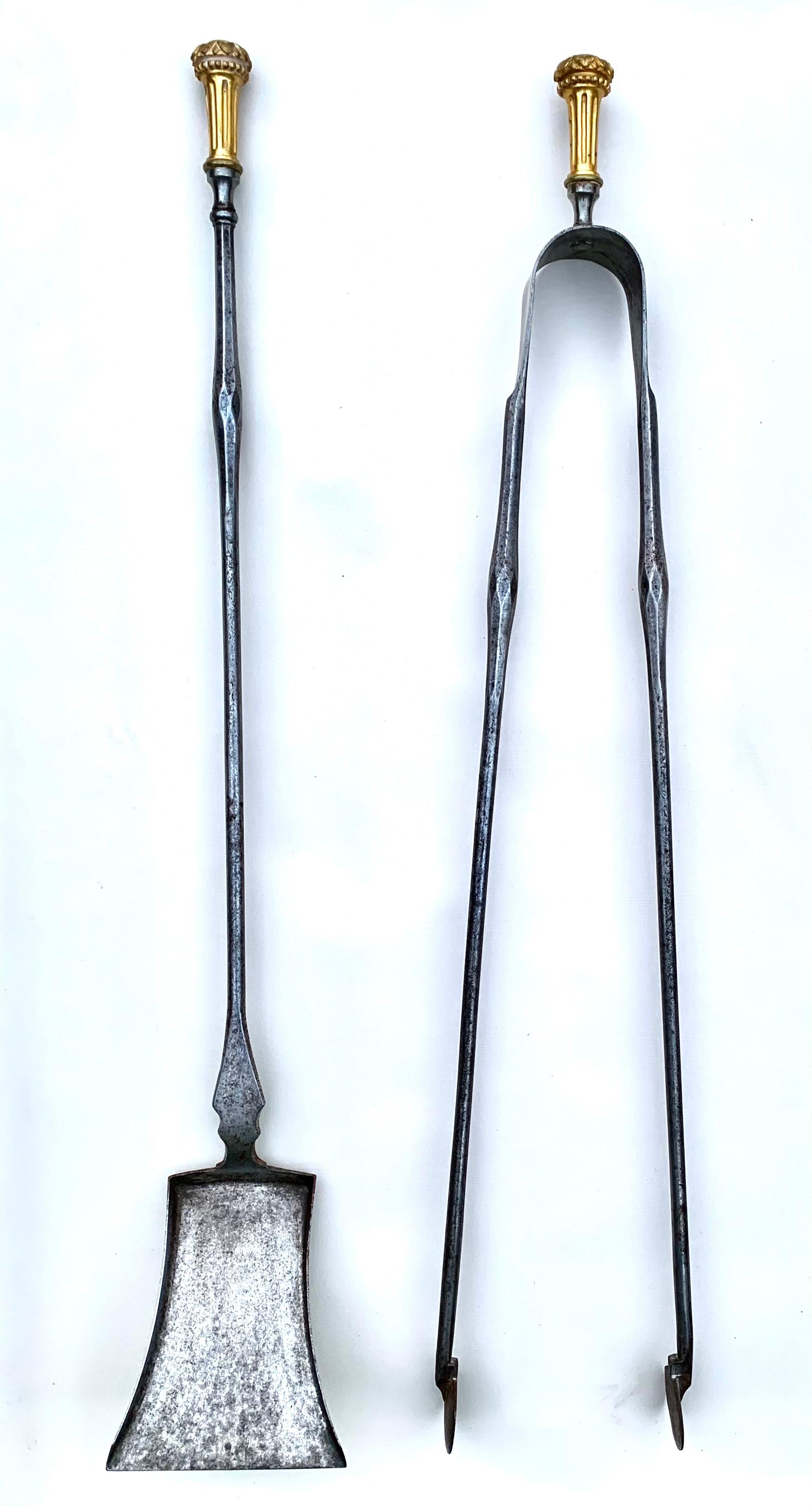 Fine Pair 18th Century Louis XVI Dore Bronze, Polished Steel Fireplace Tools For Sale 6