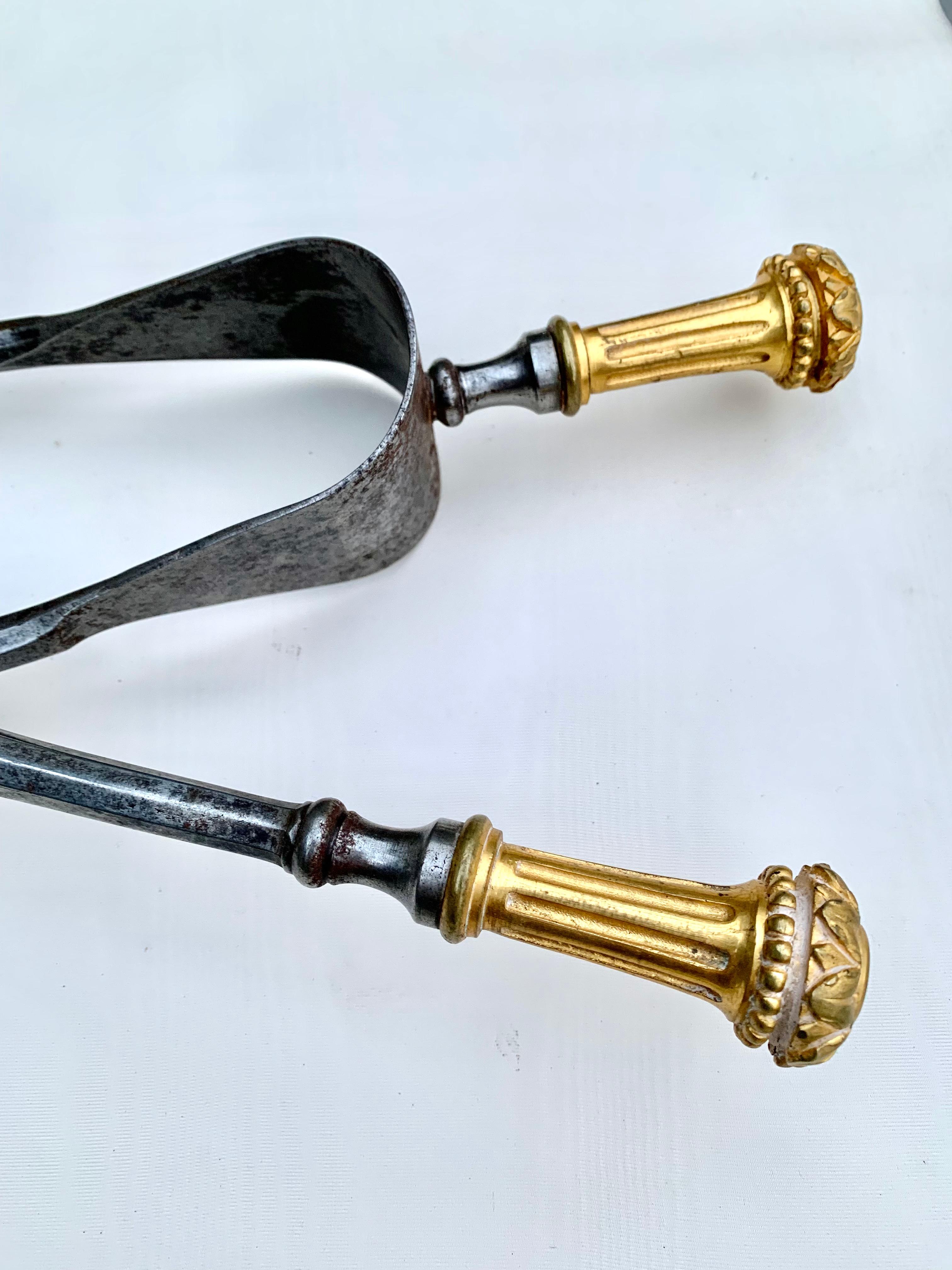 French Fine Pair 18th Century Louis XVI Dore Bronze, Polished Steel Fireplace Tools For Sale